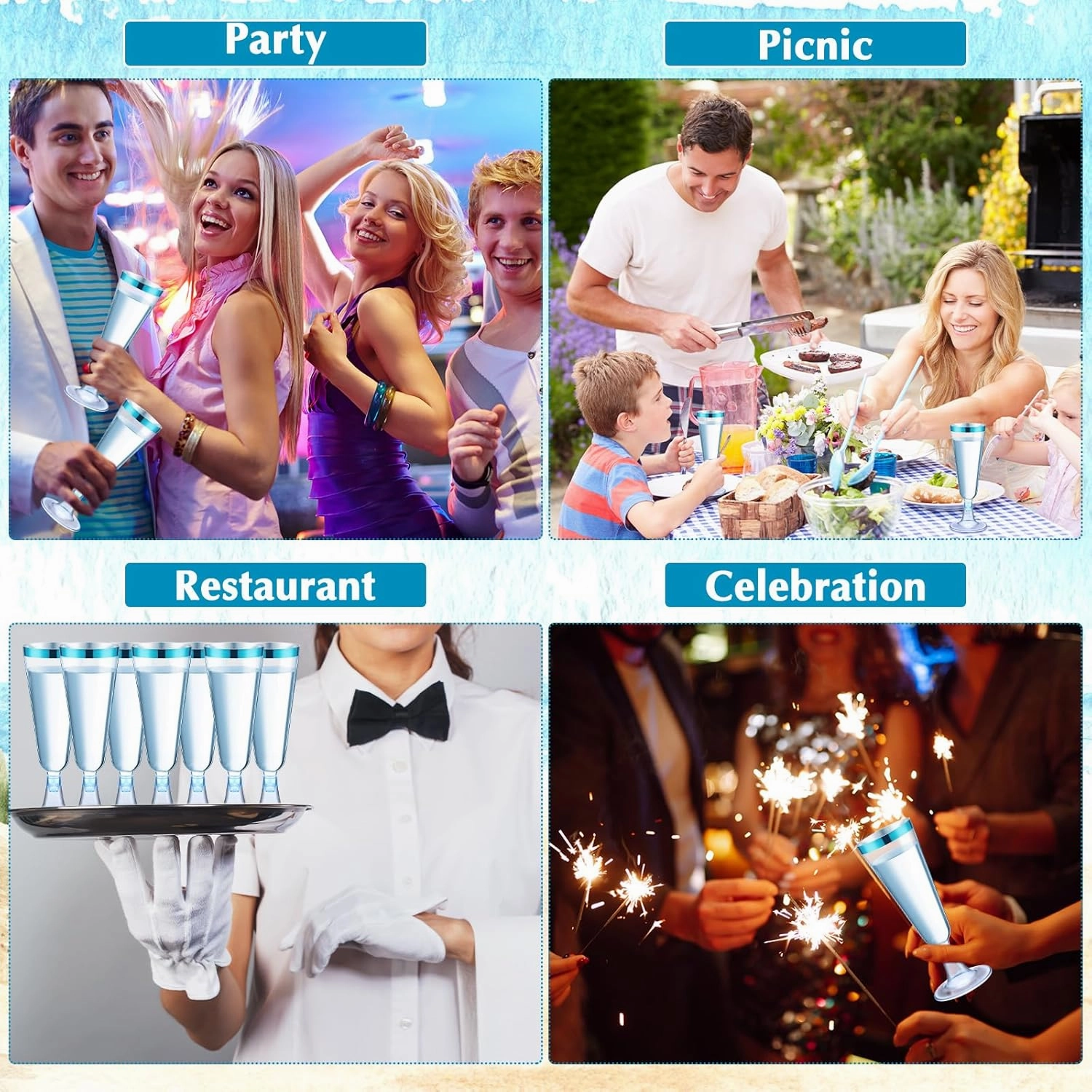 Dandat 100 Pcs Plastic Flutes Disposable Champagne Flutes 5 oz Champagne Glasses with Rim Cocktail Cups for Wedding Toasting Party Birthday Anniversary Celebration (Blue with Blue Rim)