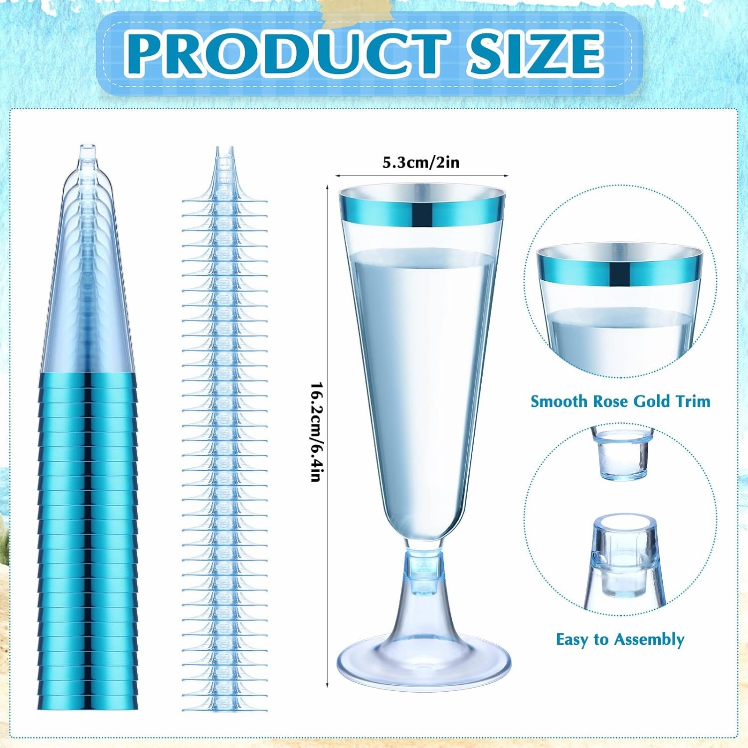 Dandat 100 Pcs Plastic Flutes Disposable Champagne Flutes 5 oz Champagne Glasses with Rim Cocktail Cups for Wedding Toasting Party Birthday Anniversary Celebration (Blue with Blue Rim)