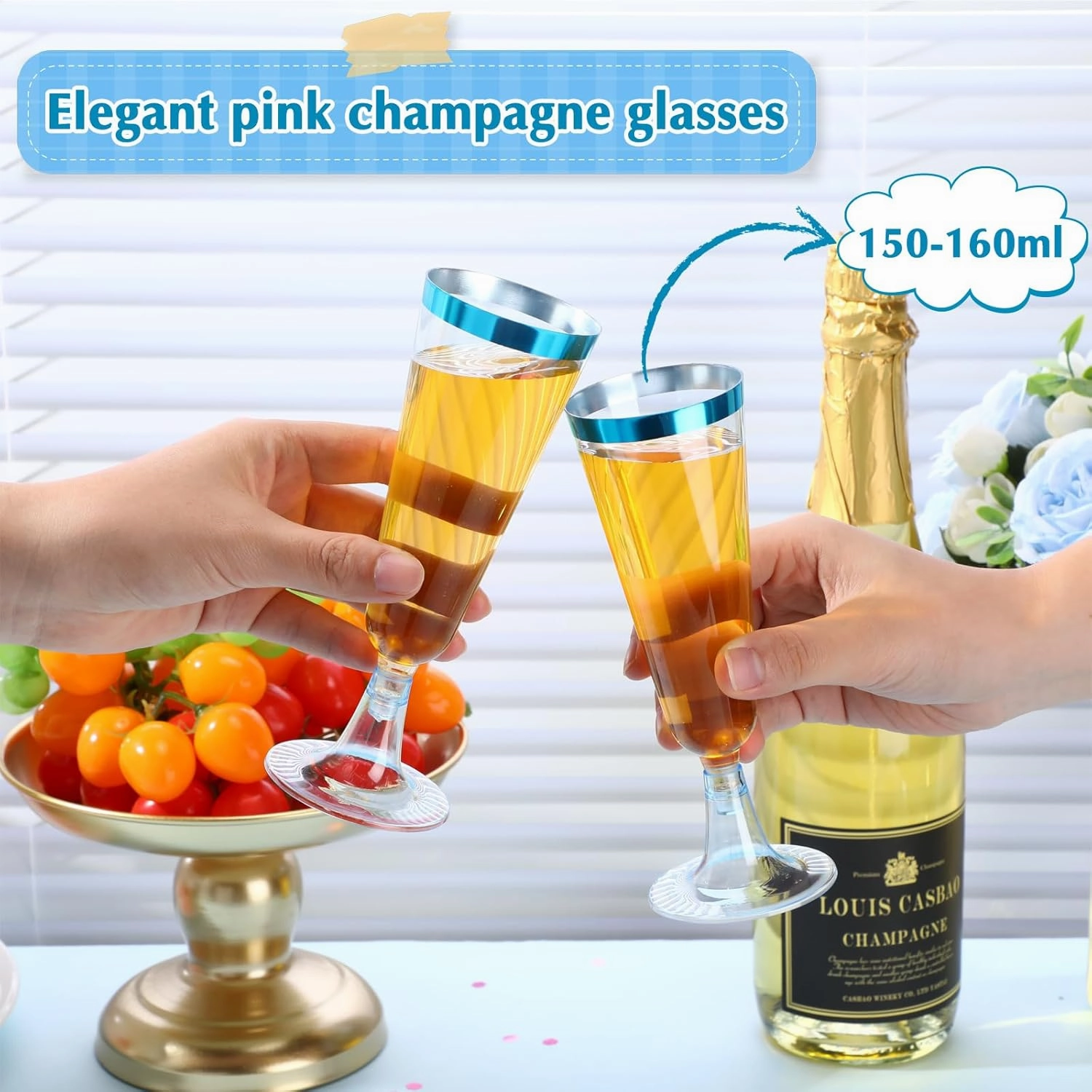 Dandat 100 Pcs Plastic Flutes Disposable Champagne Flutes 5 oz Champagne Glasses with Rim Cocktail Cups for Wedding Toasting Party Birthday Anniversary Celebration (Blue with Blue Rim)