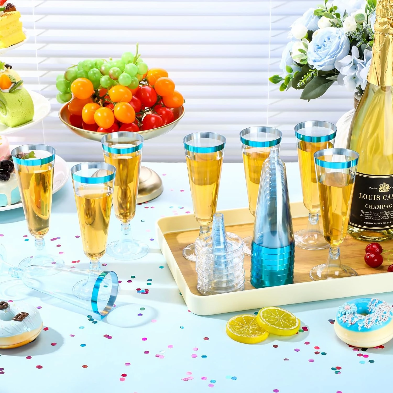 Dandat 100 Pcs Plastic Flutes Disposable Champagne Flutes 5 oz Champagne Glasses with Rim Cocktail Cups for Wedding Toasting Party Birthday Anniversary Celebration (Blue with Blue Rim)