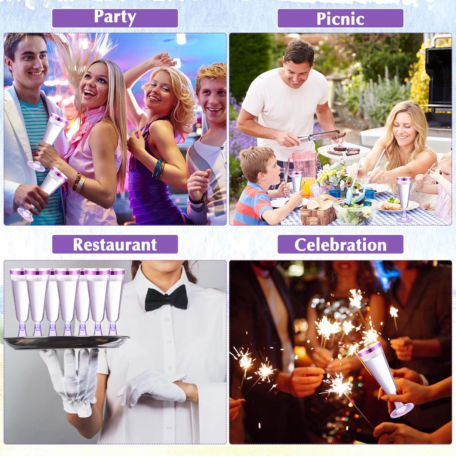 Dandat 100 Pcs Plastic Flutes Disposable Champagne Flutes 5 oz Champagne Glasses with Rim Cocktail Cups for Wedding Toasting Party Birthday Anniversary Celebration (Purple with Purple Rim)