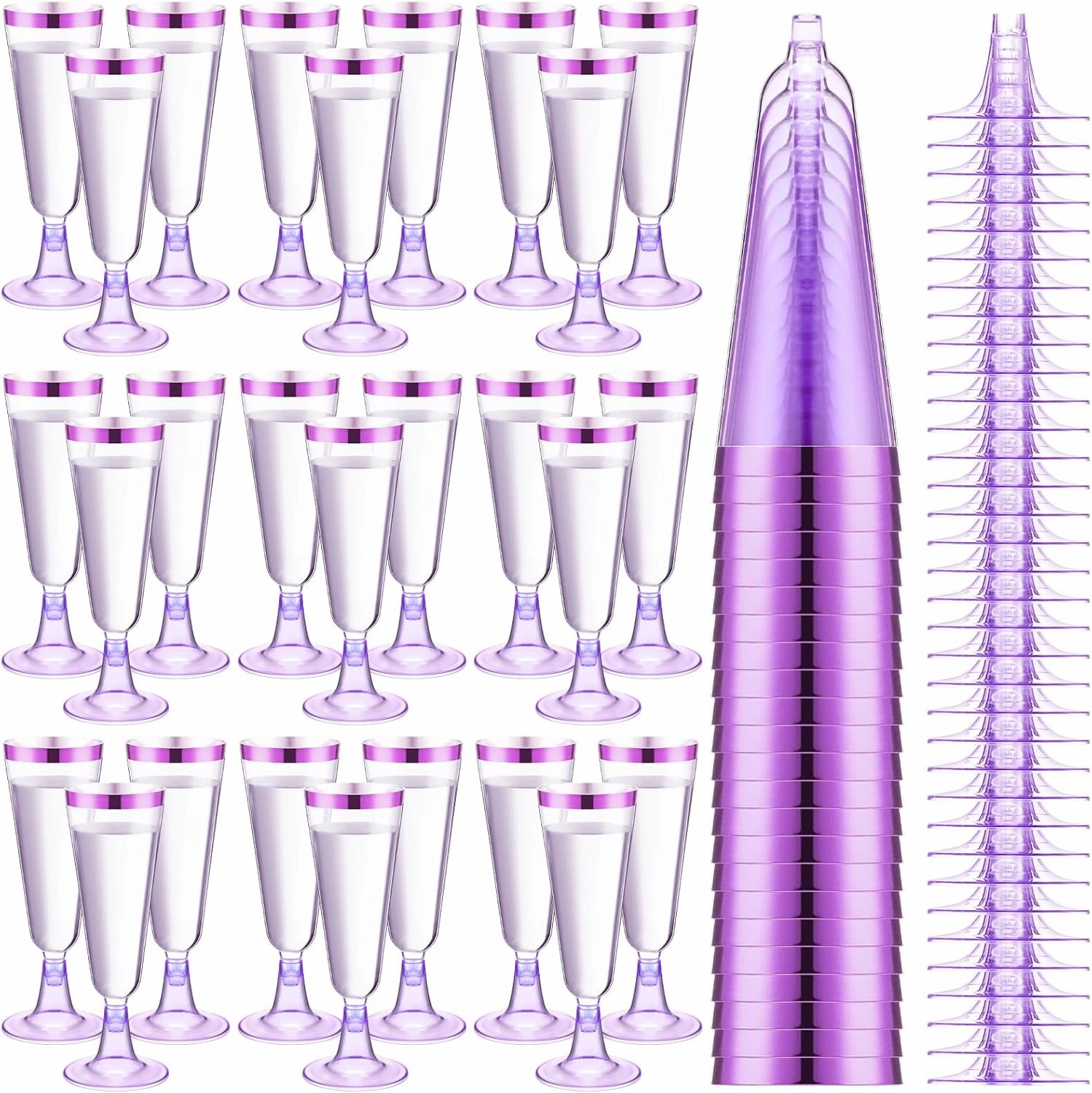 Dandat 100 Pcs Plastic Flutes Disposable Champagne Flutes 5 oz Champagne Glasses with Rim Cocktail Cups for Wedding Toasting Party Birthday Anniversary Celebration (Purple with Purple Rim)