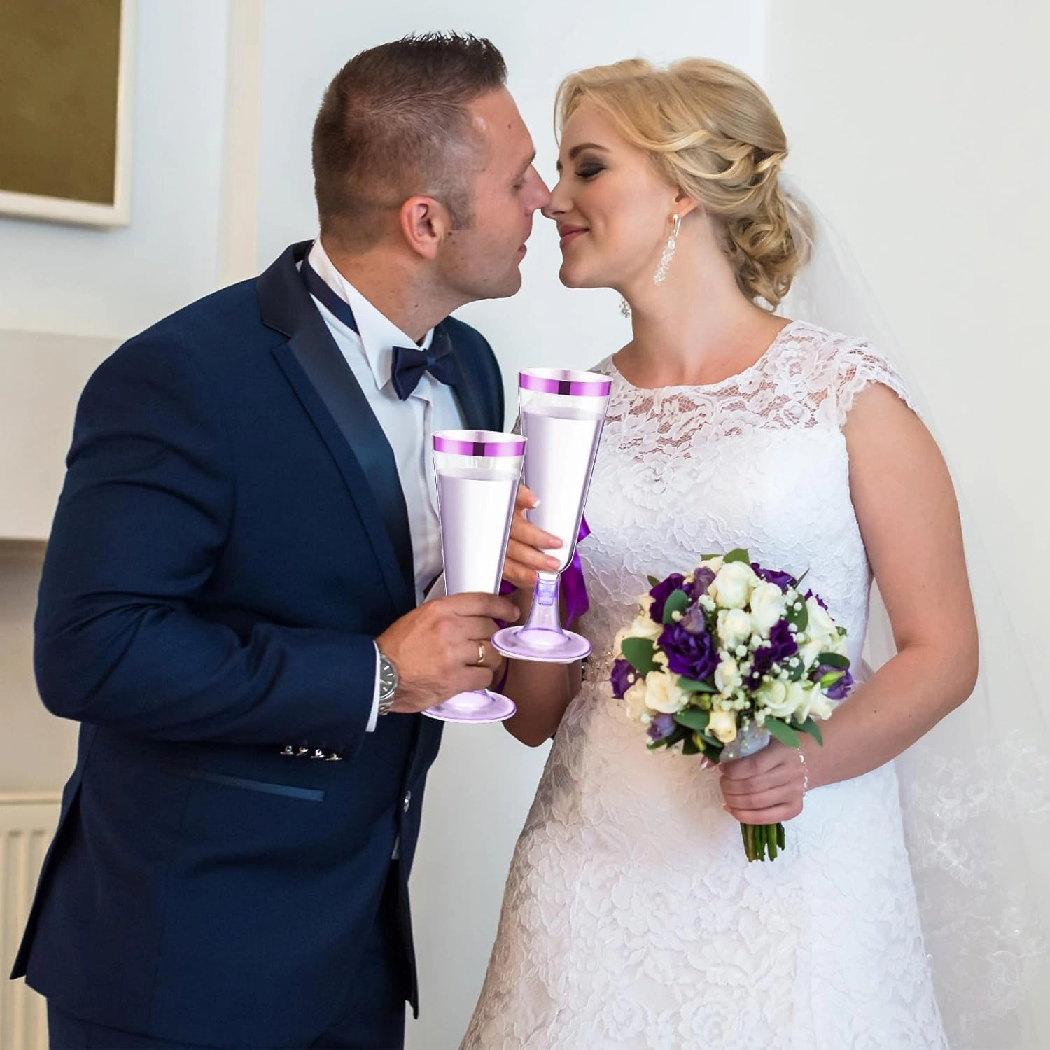 Dandat 100 Pcs Plastic Flutes Disposable Champagne Flutes 5 oz Champagne Glasses with Rim Cocktail Cups for Wedding Toasting Party Birthday Anniversary Celebration (Purple with Purple Rim)