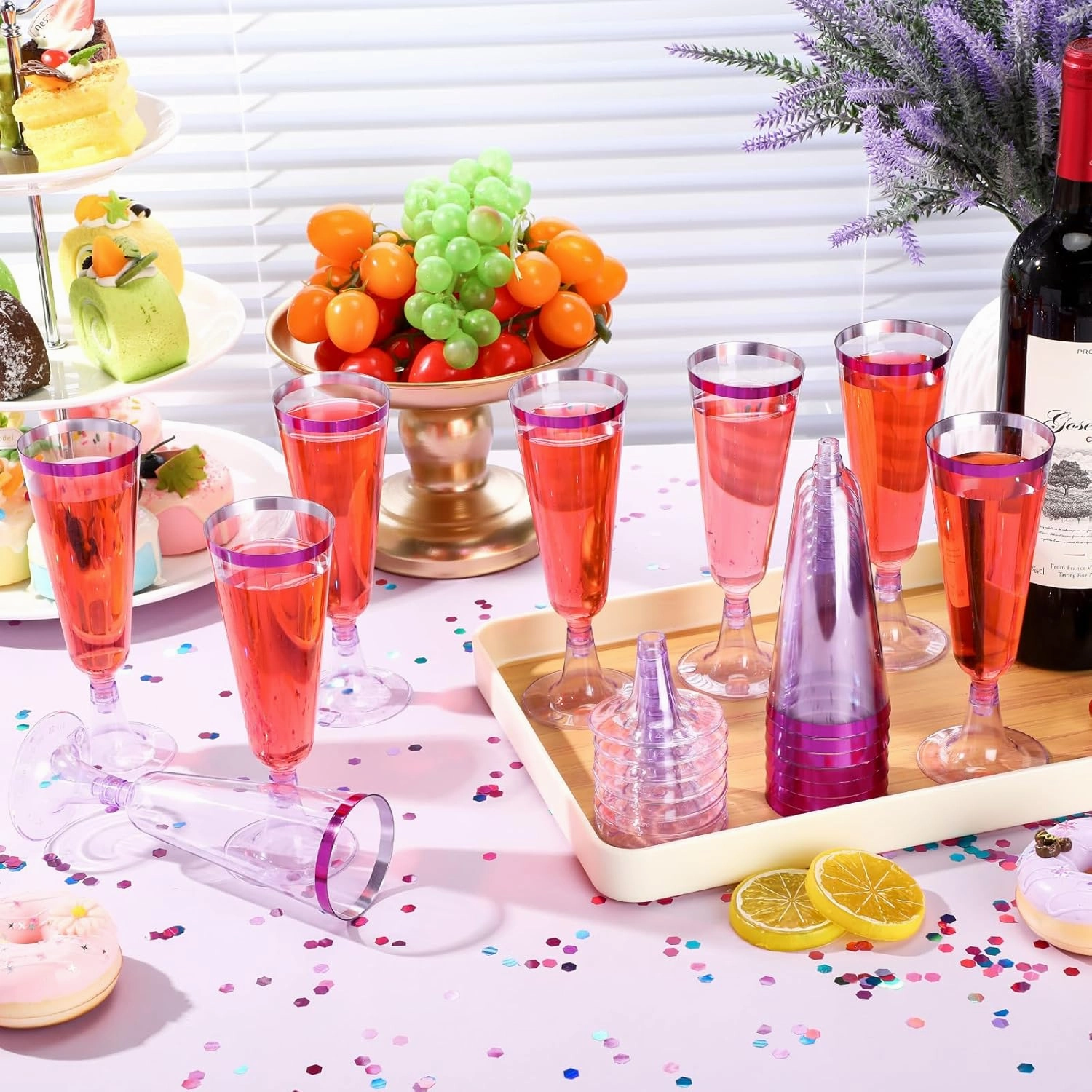 Dandat 100 Pcs Plastic Flutes Disposable Champagne Flutes 5 oz Champagne Glasses with Rim Cocktail Cups for Wedding Toasting Party Birthday Anniversary Celebration (Purple with Purple Rim)
