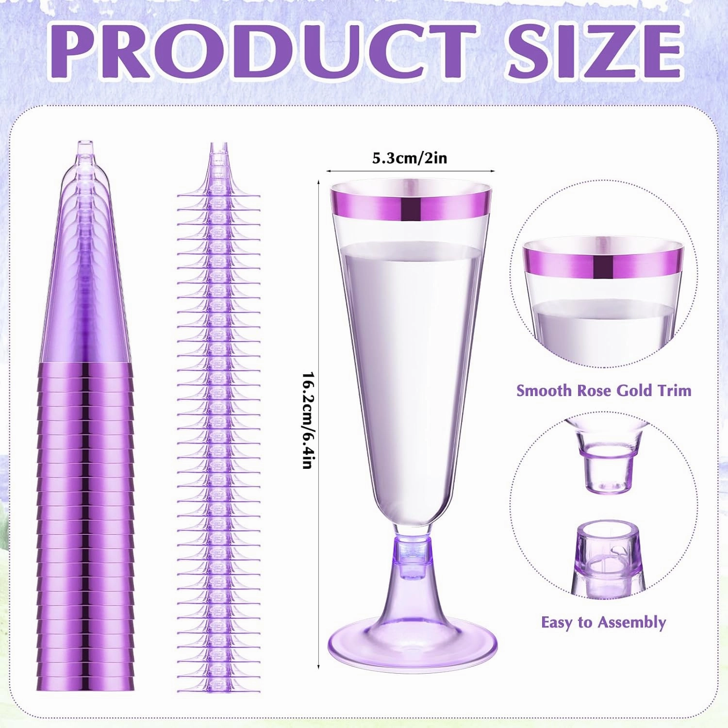 Dandat 100 Pcs Plastic Flutes Disposable Champagne Flutes 5 oz Champagne Glasses with Rim Cocktail Cups for Wedding Toasting Party Birthday Anniversary Celebration (Purple with Purple Rim)