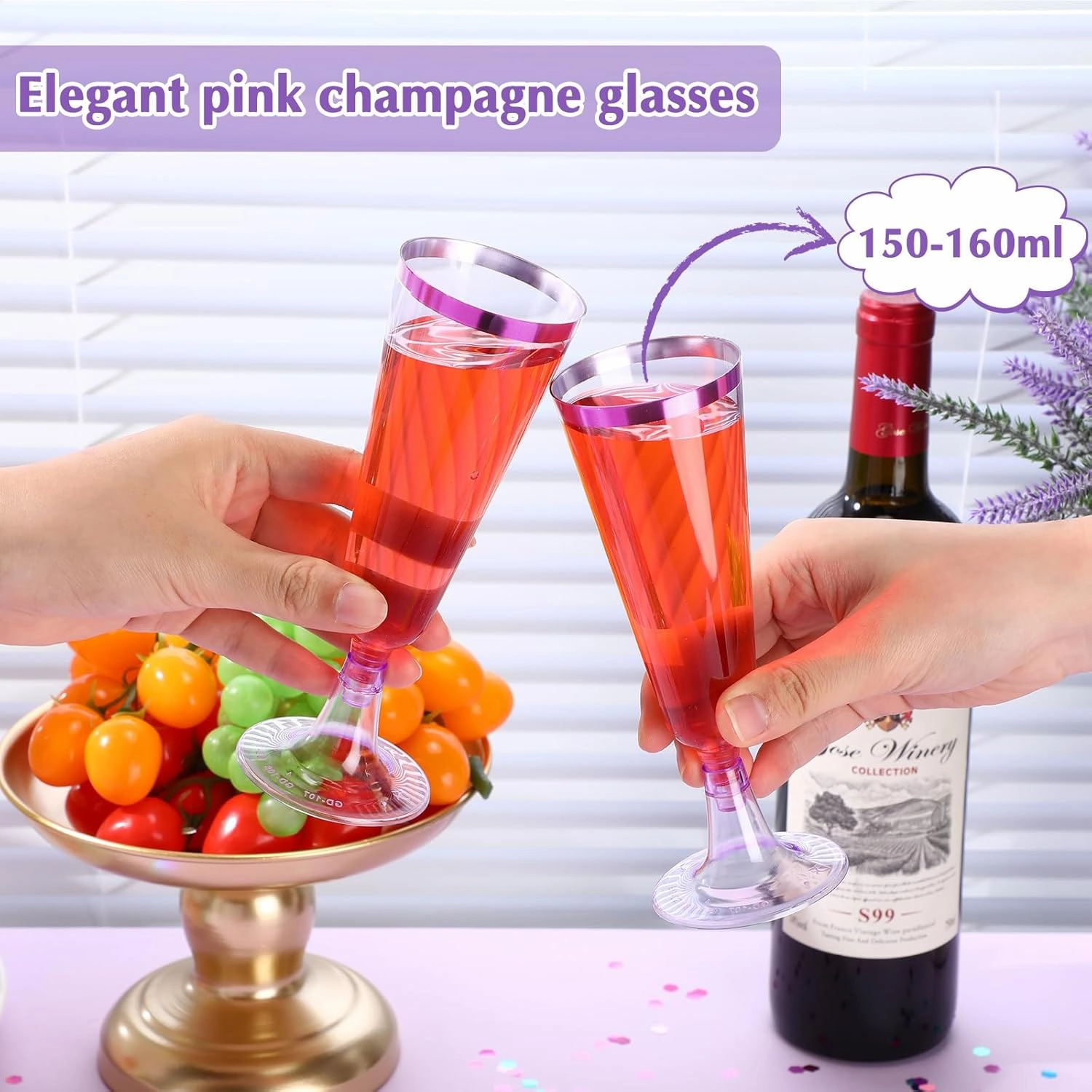 Dandat 100 Pcs Plastic Flutes Disposable Champagne Flutes 5 oz Champagne Glasses with Rim Cocktail Cups for Wedding Toasting Party Birthday Anniversary Celebration (Purple with Purple Rim)