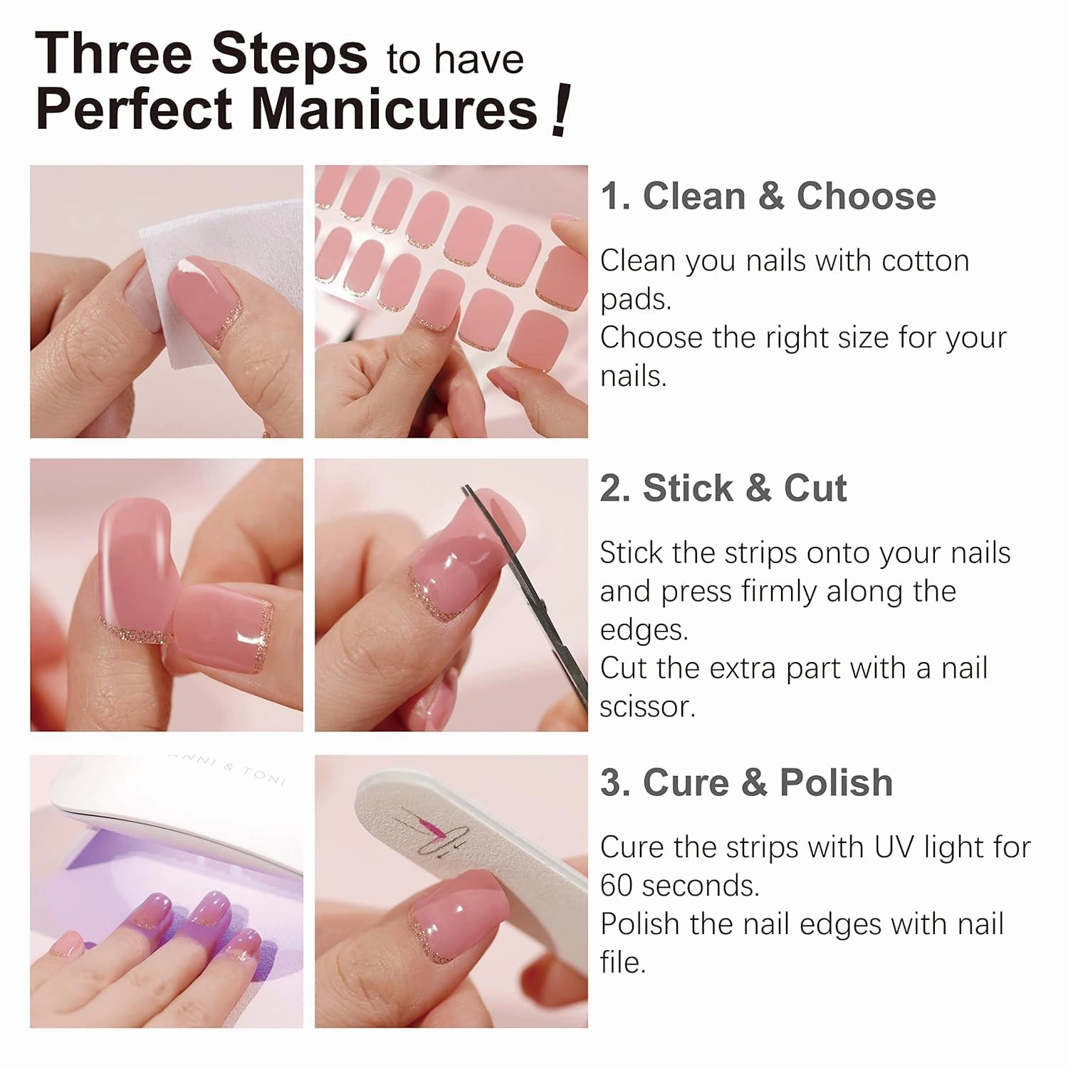 DANNI & TONI Semi Cured Gel Nail Strips Pink White Ombre (Cloud Halo) Shimmer Translucent Gel Nail Wraps 28 Stickers