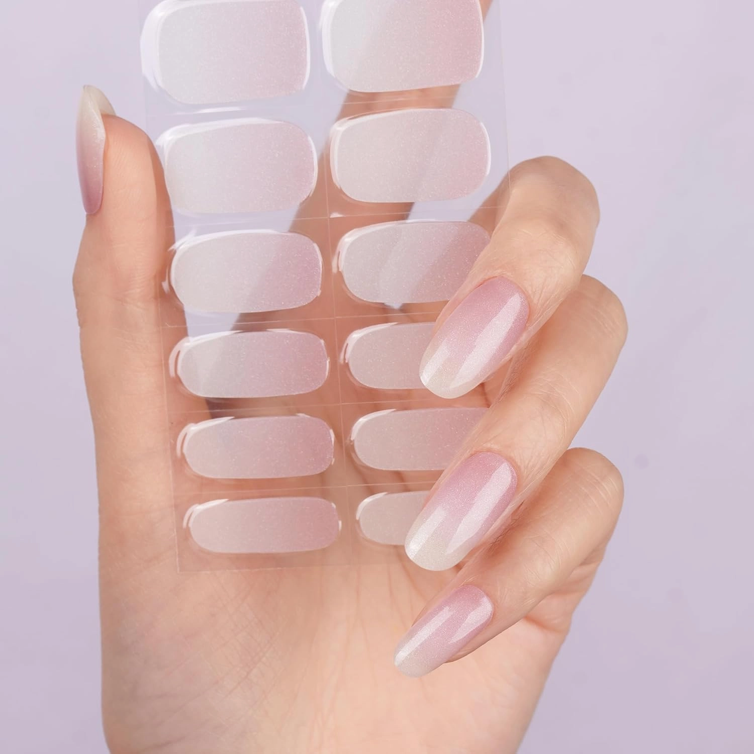 DANNI & TONI Semi Cured Gel Nail Strips Pink White Ombre (Cloud Halo) Shimmer Translucent Gel Nail Wraps 28 Stickers