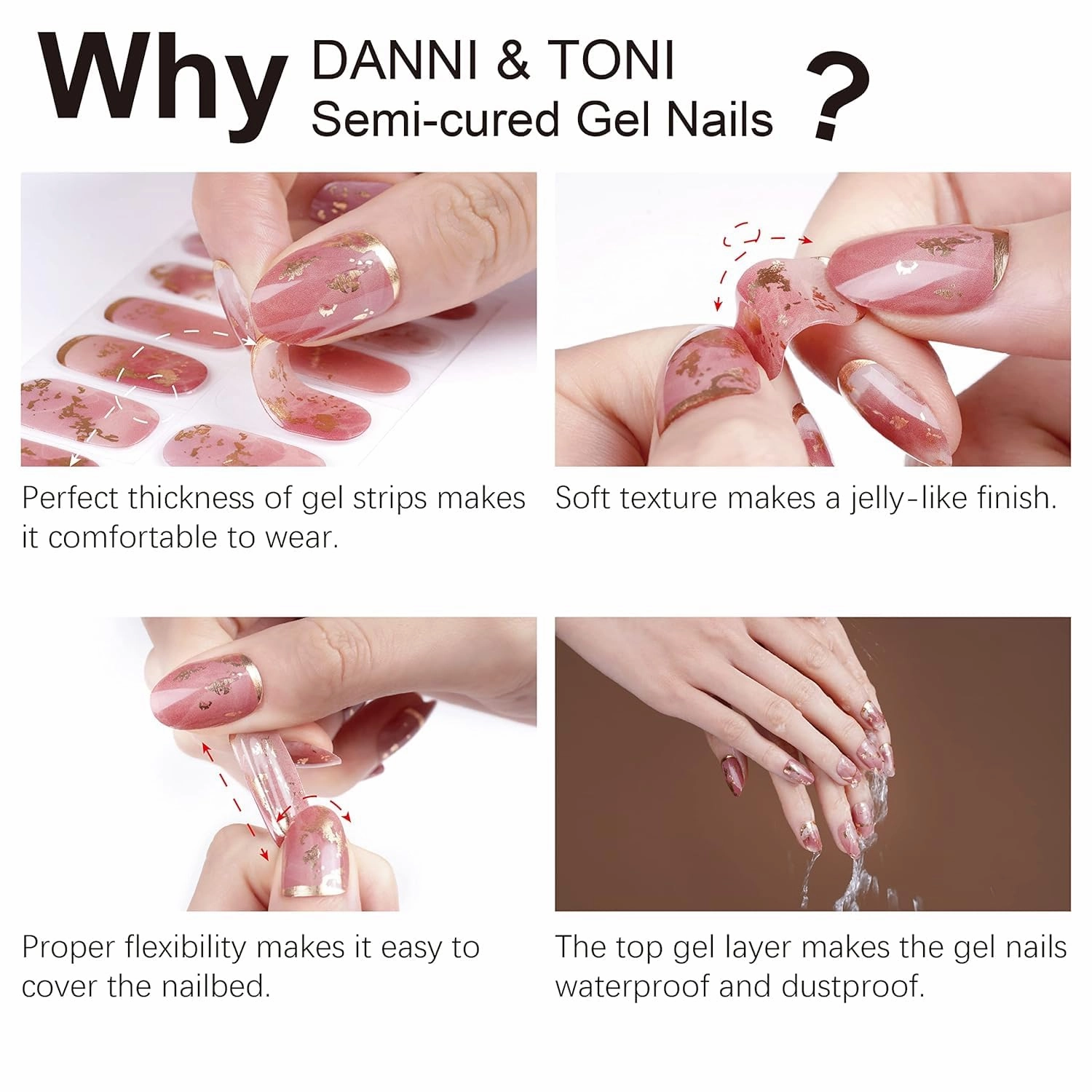 DANNI & TONI Semi Cured Gel Nail Strips Pink White Ombre (Cloud Halo) Shimmer Translucent Gel Nail Wraps 28 Stickers