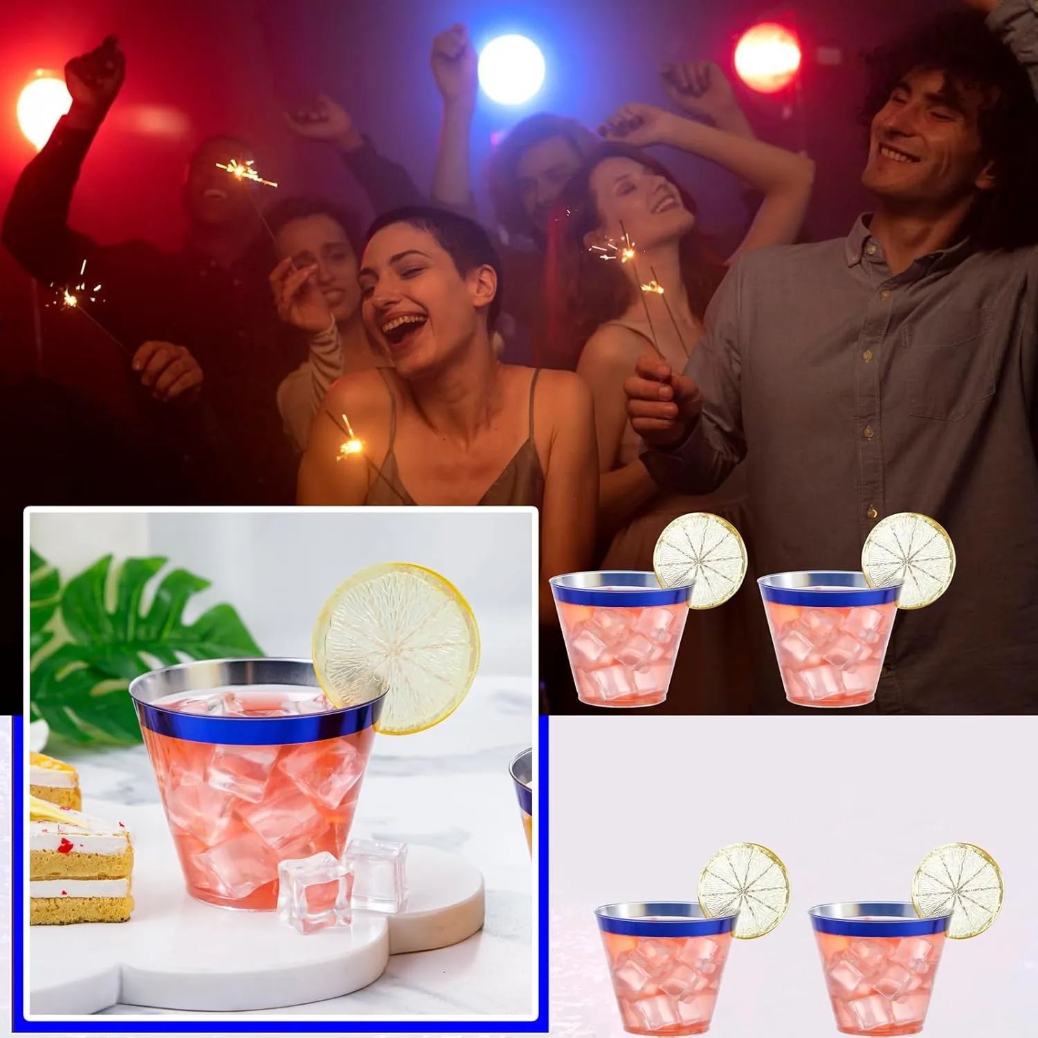 DaYammi 120Pcs 9 Oz Blue Plastic Cups Disposable Clear Plastic Party Cups with Blue Rim Heavy Duty Disposable Wine Glasses Fancy Hard Drinking Tumblers plastic Cocktail Cups for Wedding Party
