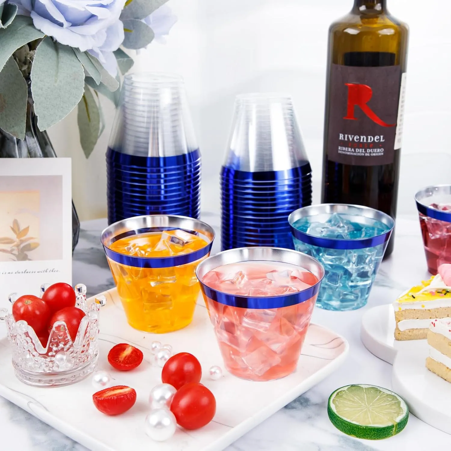DaYammi 120Pcs 9 Oz Blue Plastic Cups Disposable Clear Plastic Party Cups with Blue Rim Heavy Duty Disposable Wine Glasses Fancy Hard Drinking Tumblers plastic Cocktail Cups for Wedding Party