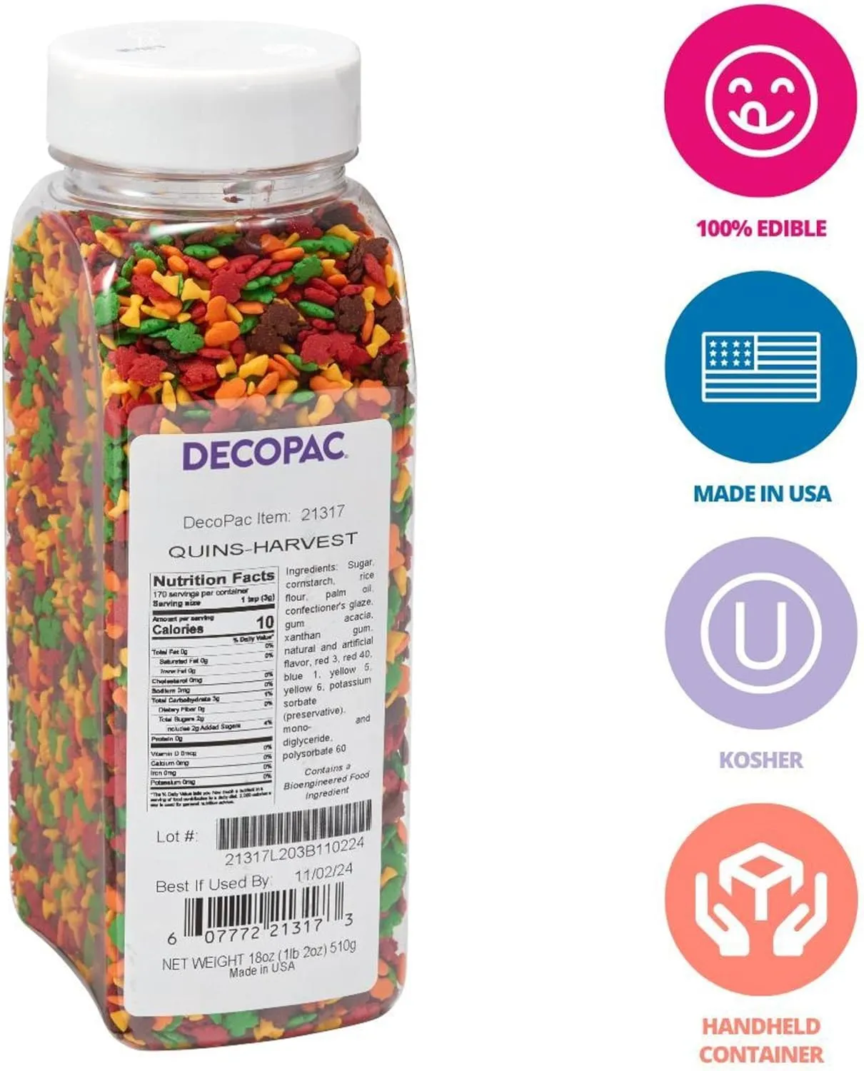 DECOPAC Harvest Thanksgiving Quins, 18oz, Fancy Sprinkles In Pumpkin, Leaf & Haystack Shapes, Candy Sprinkles in Handheld Container, Edible Sprinkles For Celebration Cakes, Cupcakes, Cookies