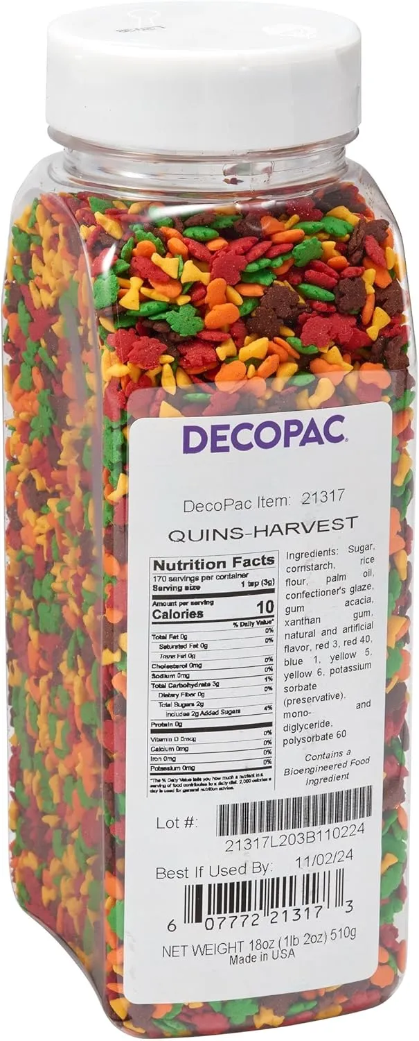DECOPAC Harvest Thanksgiving Quins, 18oz, Fancy Sprinkles In Pumpkin, Leaf & Haystack Shapes, Candy Sprinkles in Handheld Container, Edible Sprinkles For Celebration Cakes, Cupcakes, Cookies