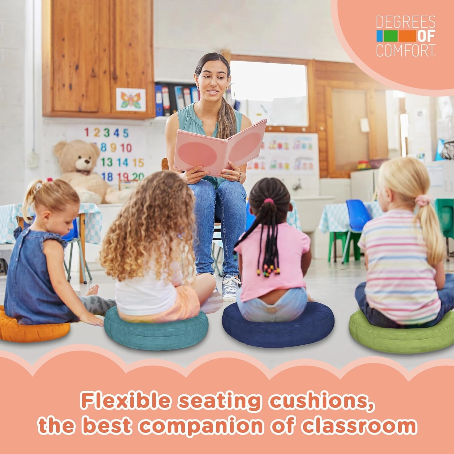 Degrees of Comfort 8Pcs Round Floor Cushions for Kids, Waterproof Flexible Seating for Classroom Elementary, Safe Smolder Resistance Sitting Pillows with Handles, 15-inch, Lovely