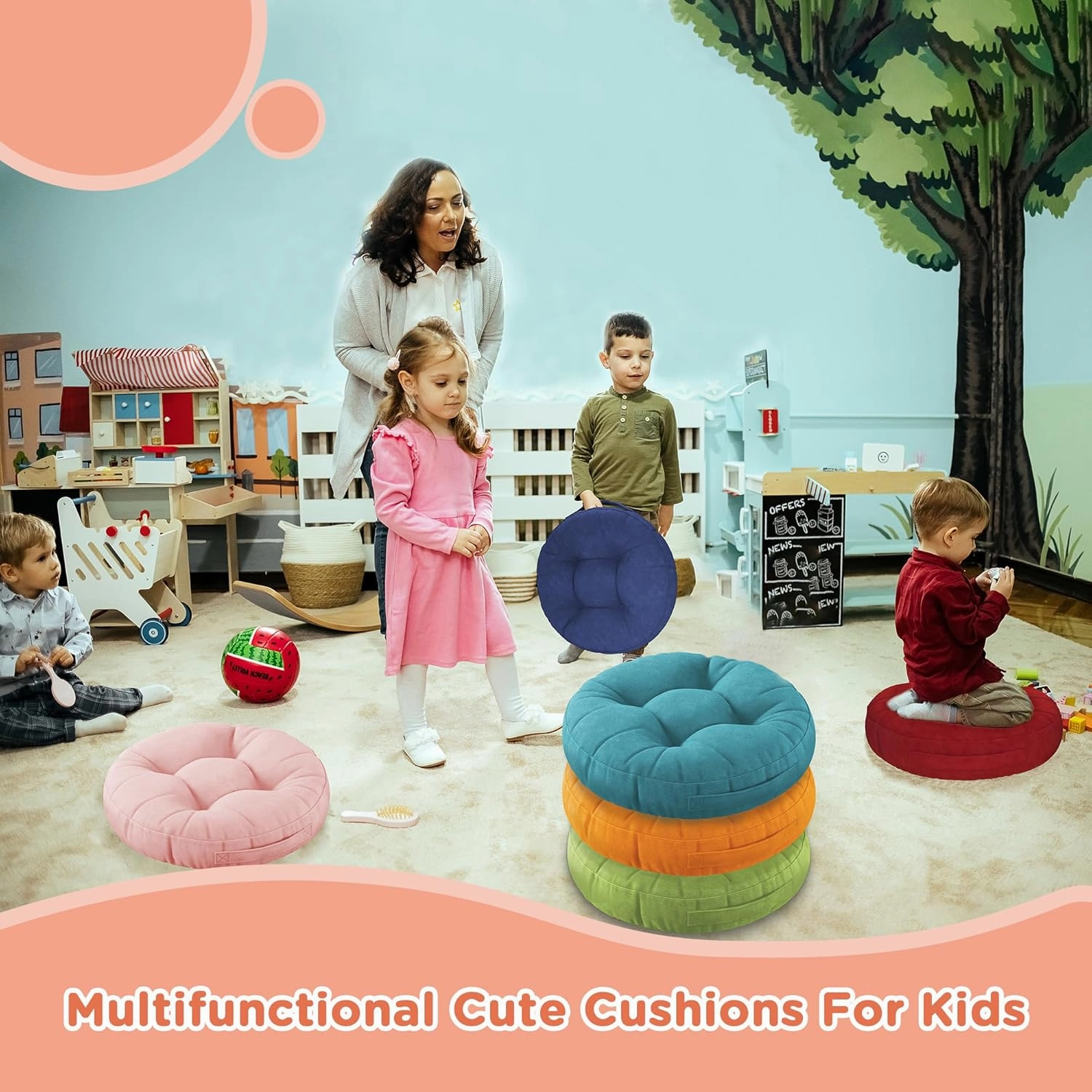 Degrees of Comfort 8Pcs Round Floor Cushions for Kids, Waterproof Flexible Seating for Classroom Elementary, Safe Smolder Resistance Sitting Pillows with Handles, 15-inch, Lovely