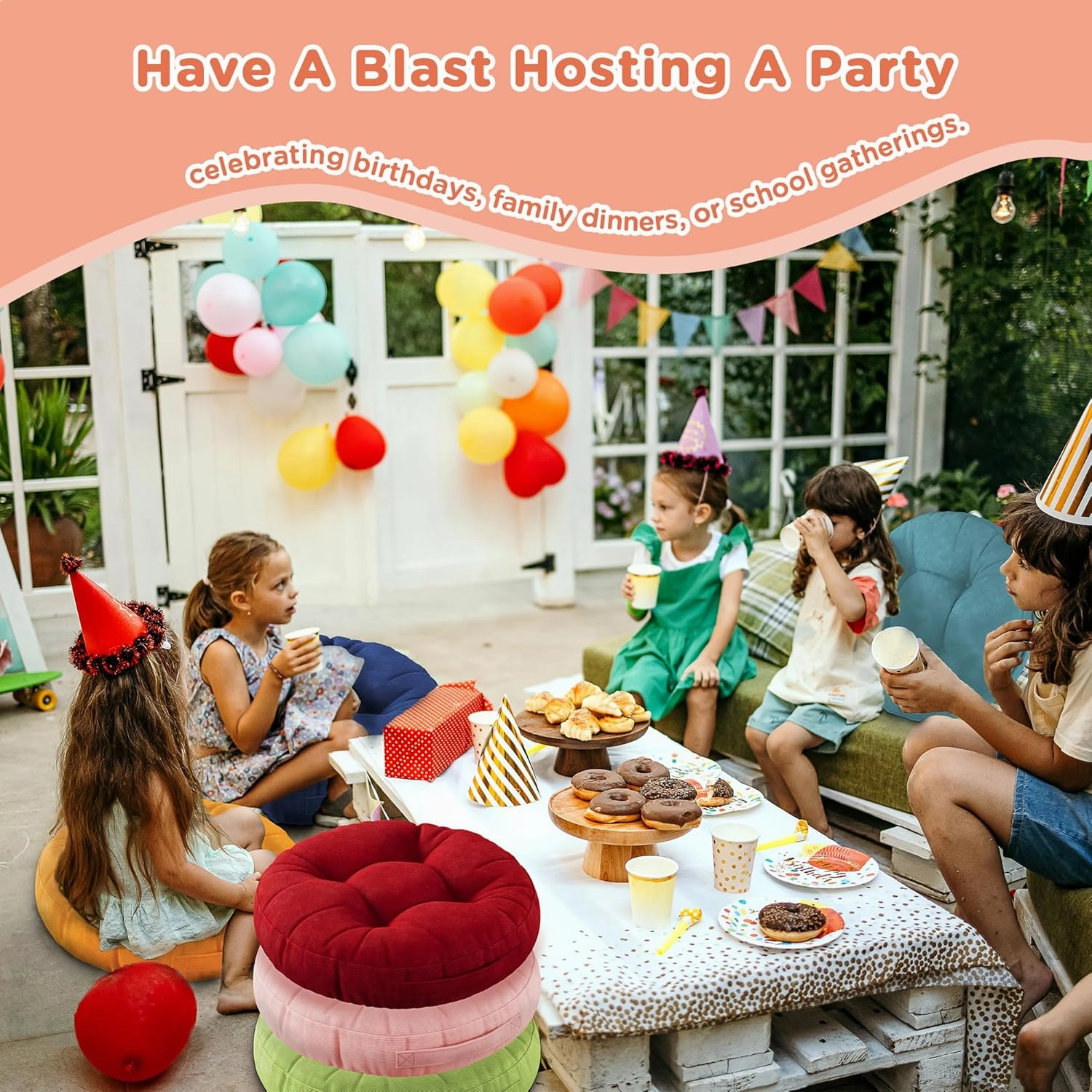 Degrees of Comfort 8Pcs Round Floor Cushions for Kids, Waterproof Flexible Seating for Classroom Elementary, Safe Smolder Resistance Sitting Pillows with Handles, 15-inch, Lovely