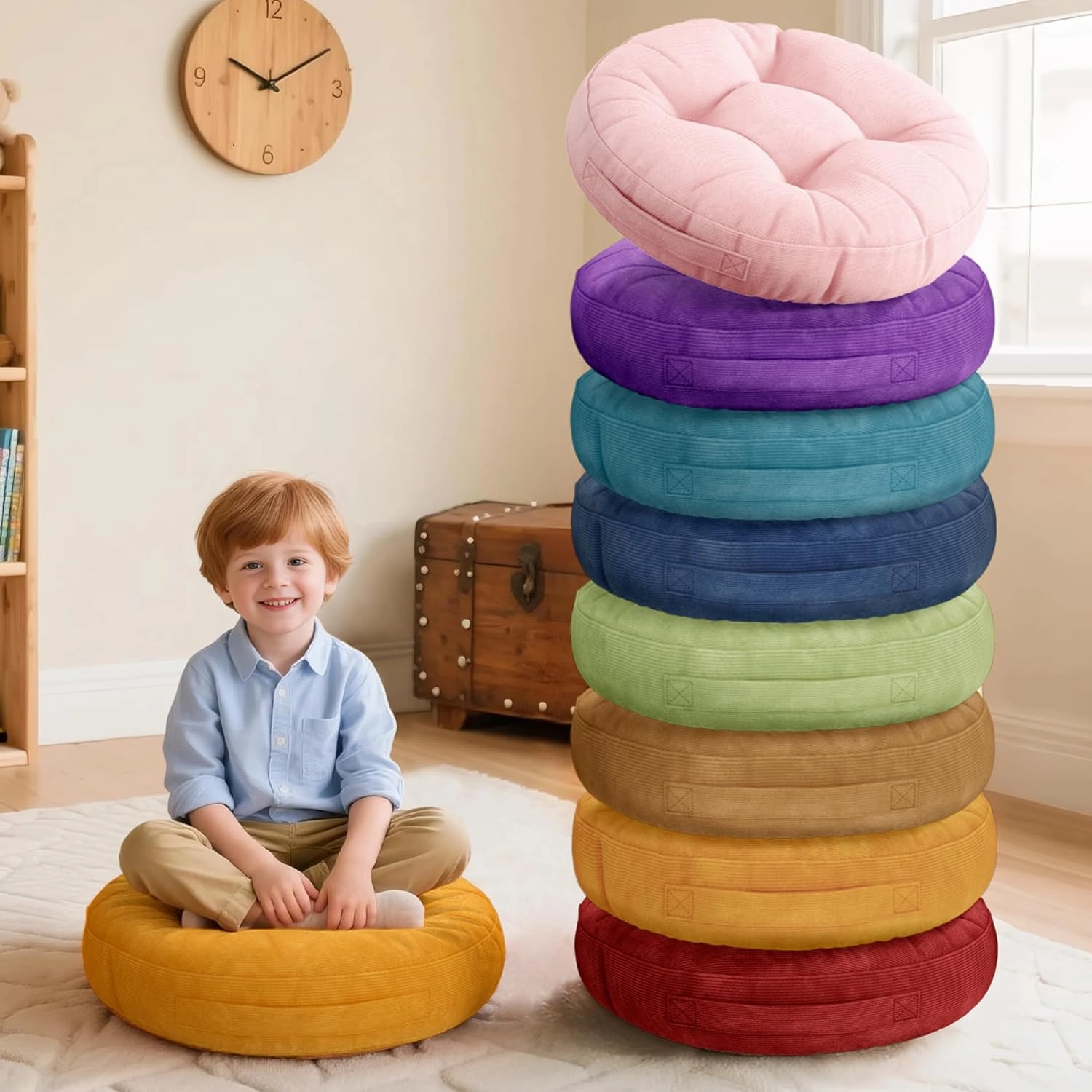 Degrees of Comfort 8Pcs Round Floor Cushions for Kids, Waterproof Flexible Seating for Classroom Elementary, Safe Smolder Resistance Sitting Pillows with Handles, 15-inch, Lovely