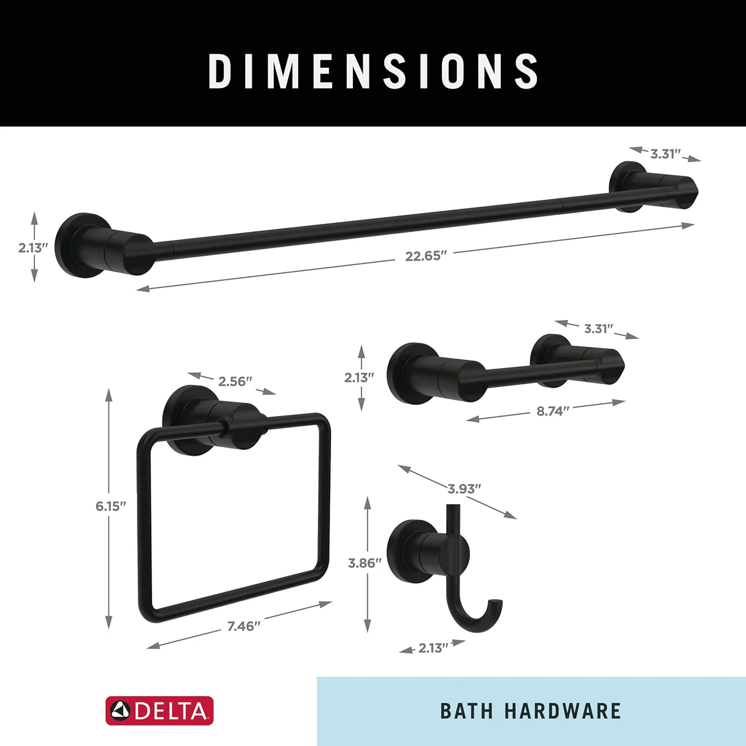 Delta Nicoli (4-Pack) Bathroom Set Matte Black 18" Towel Rack, Toilet Paper Holder, Hand Towel Holder, Towel Hook| Bathroom Accessory Set Towel Holder 4-Piece Hardware Set NIC64-MB