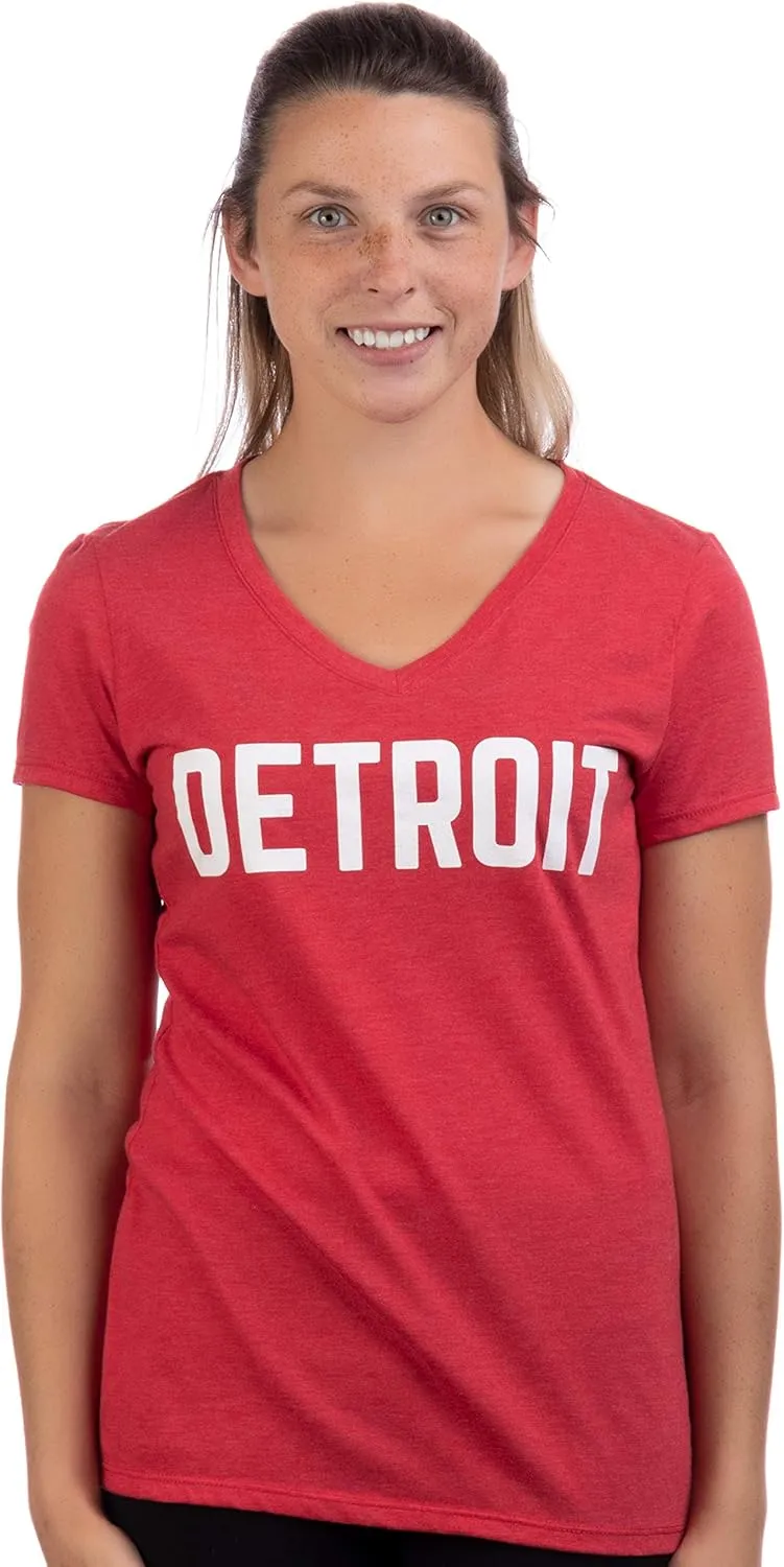 Detroit | Classic Retro City Grey Blue Red Black Detroiter 313 Cool Michigan Women V-Neck T-Shirt Top