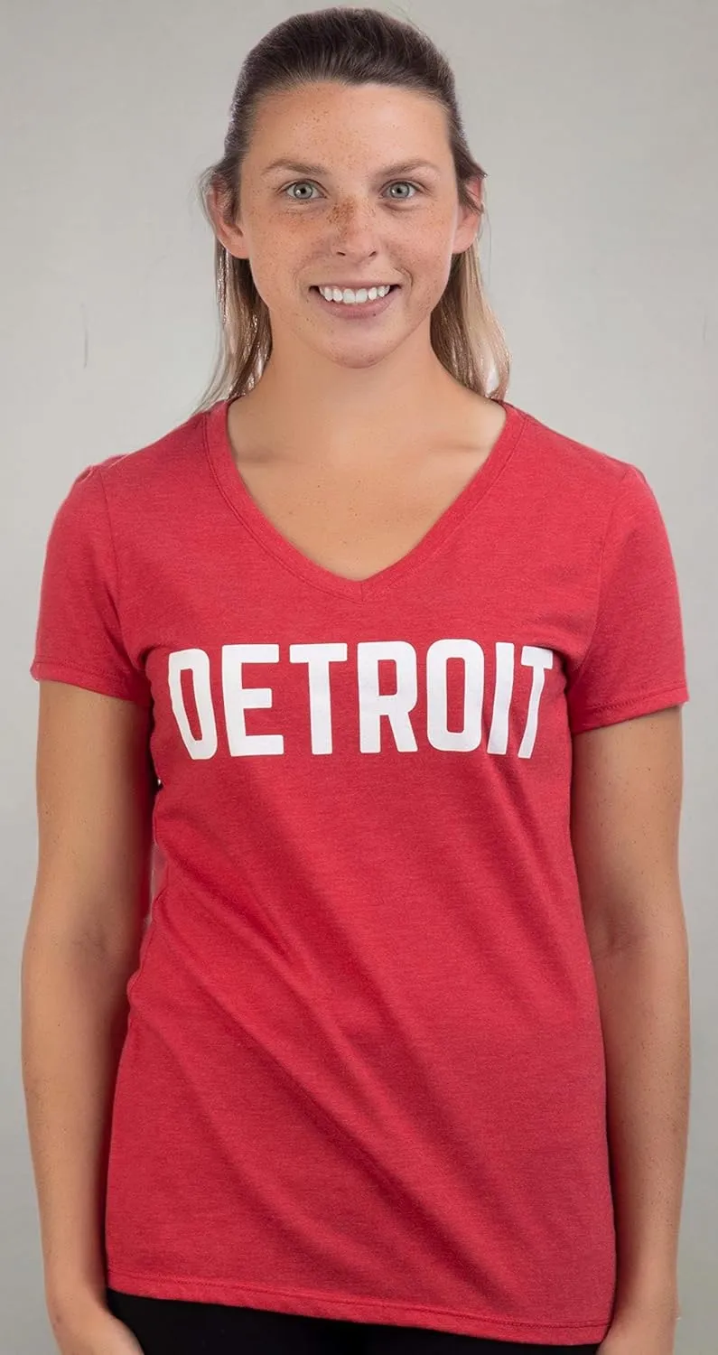 Detroit | Classic Retro City Grey Blue Red Black Detroiter 313 Cool Michigan Women V-Neck T-Shirt Top