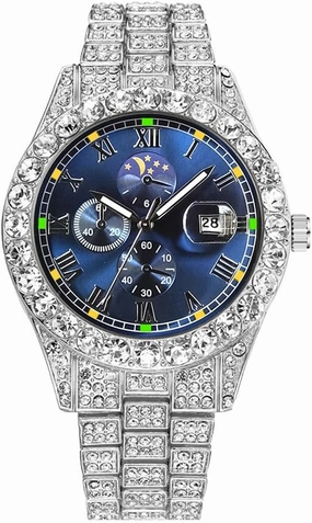 Diamond Watches for Men Iced-Out Luminous Watch (Blue face with Green-Orange Mark)