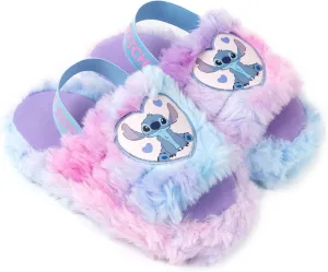 Disney Lilo & Stitch Kids Slippers in Pink & Blue | Stitch Character Fur Slider Slippers | Elastic Heel Strap House Shoes