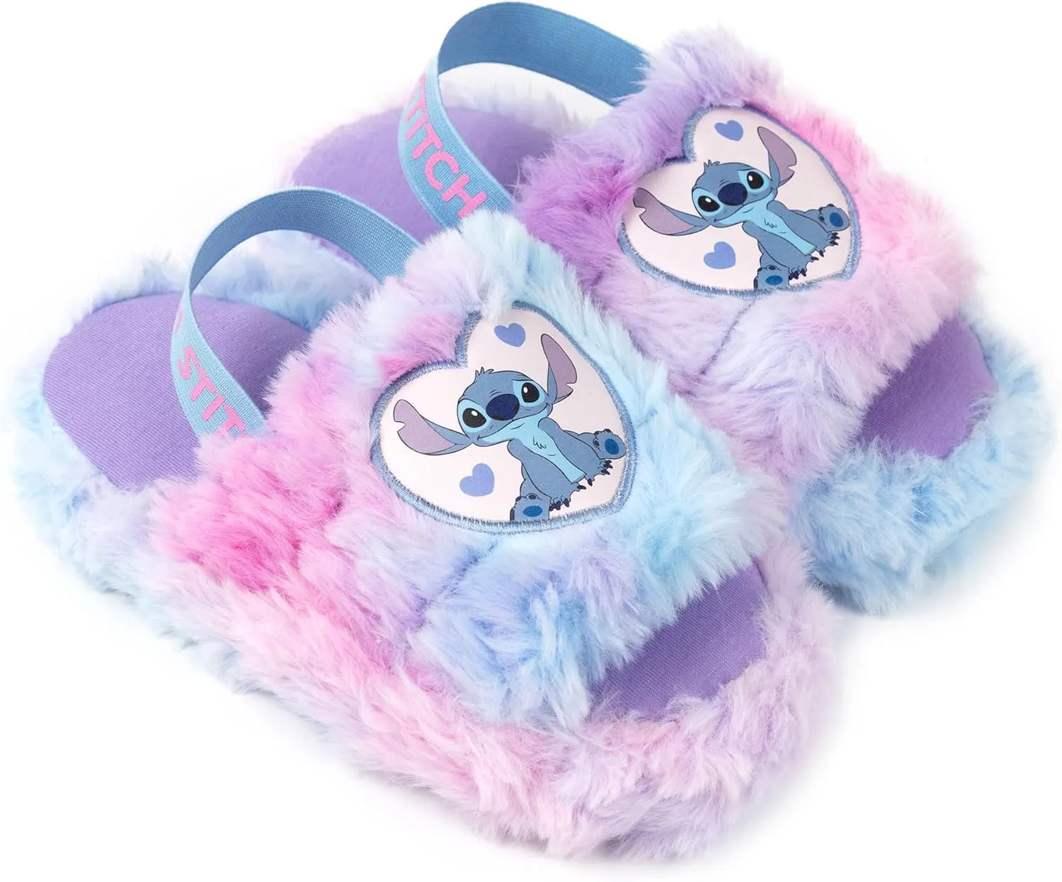Disney Lilo & Stitch Kids Slippers in Pink & Blue | Stitch Character Fur Slider Slippers | Elastic Heel Strap House Shoes