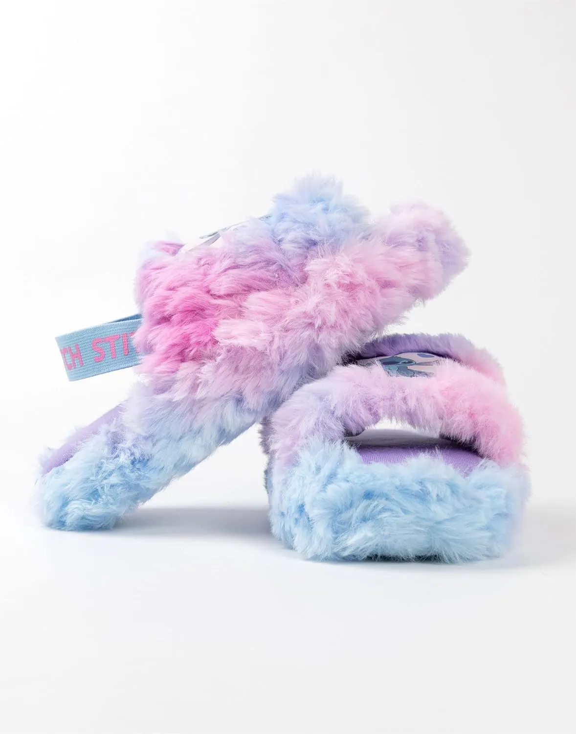 Disney Lilo & Stitch Kids Slippers in Pink & Blue | Stitch Character Fur Slider Slippers | Elastic Heel Strap House Shoes