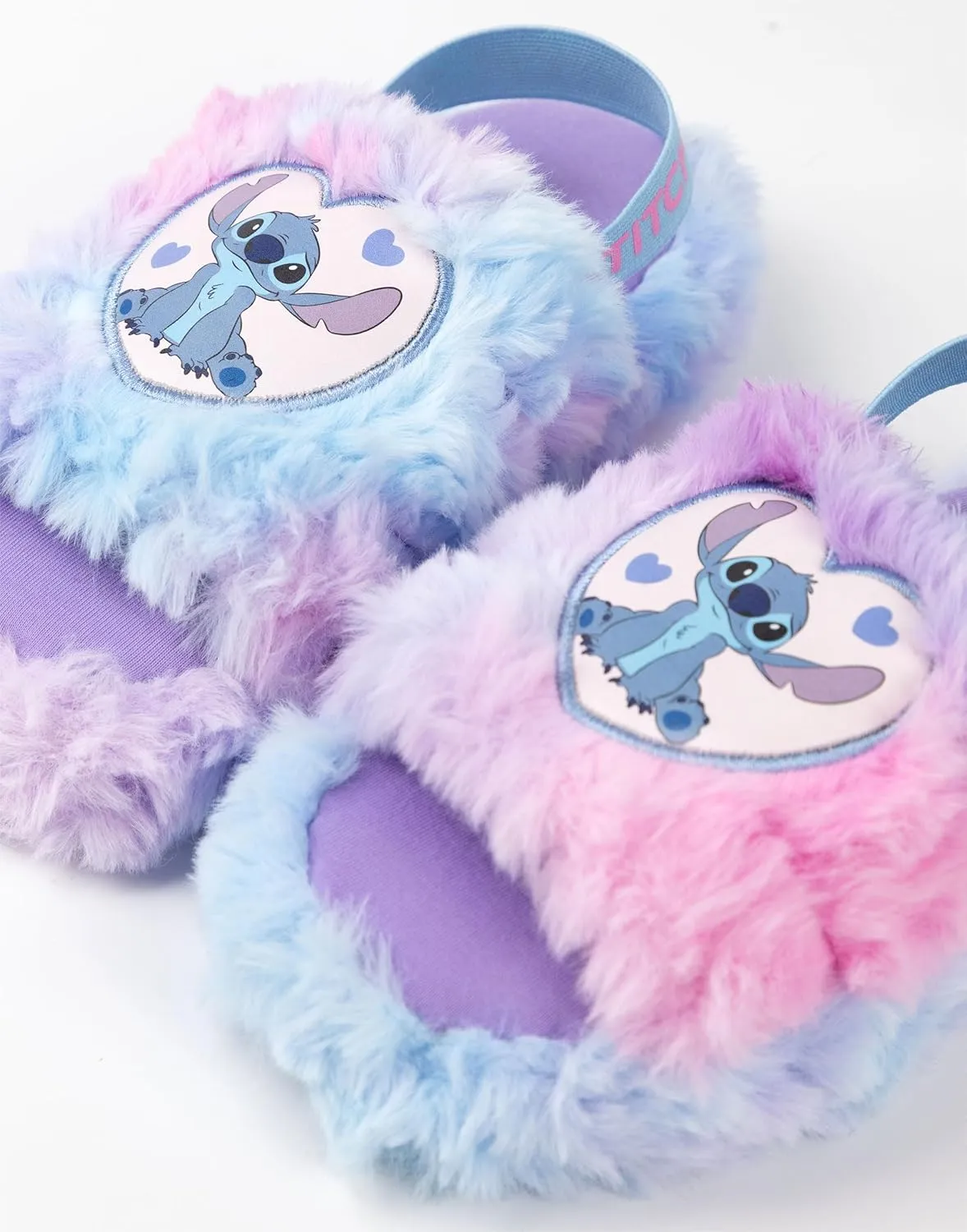 Disney Lilo & Stitch Kids Slippers in Pink & Blue | Stitch Character Fur Slider Slippers | Elastic Heel Strap House Shoes