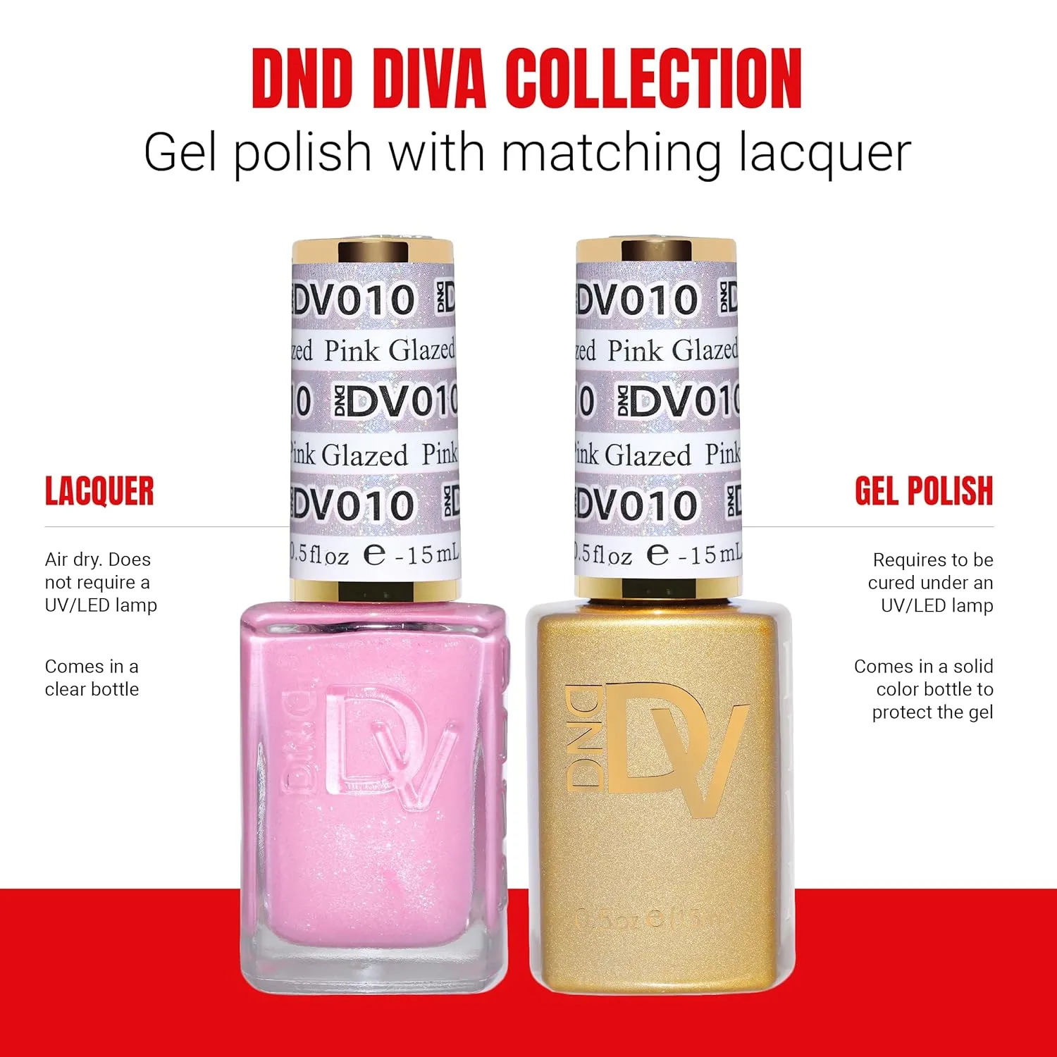 DND Gel Diva Polish Set, Mirrorball Collection, UV/LED Gel Polish and Air Dry Nail Lacquer, Matching Chip-Free Polish Duo, Pink010 Pink Glazed, 0.5 Fl Oz Each