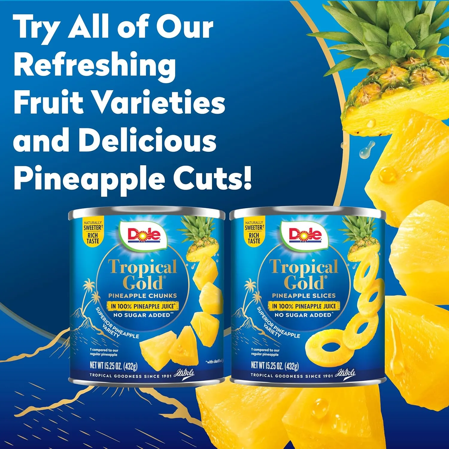Dole Canned Fruit, Tropical Gold Pineapple Slices in 100% Pineapple Juice, Gluten Free, Pantry Staples, No Sugar Added, 15.25 Oz, 12 Count