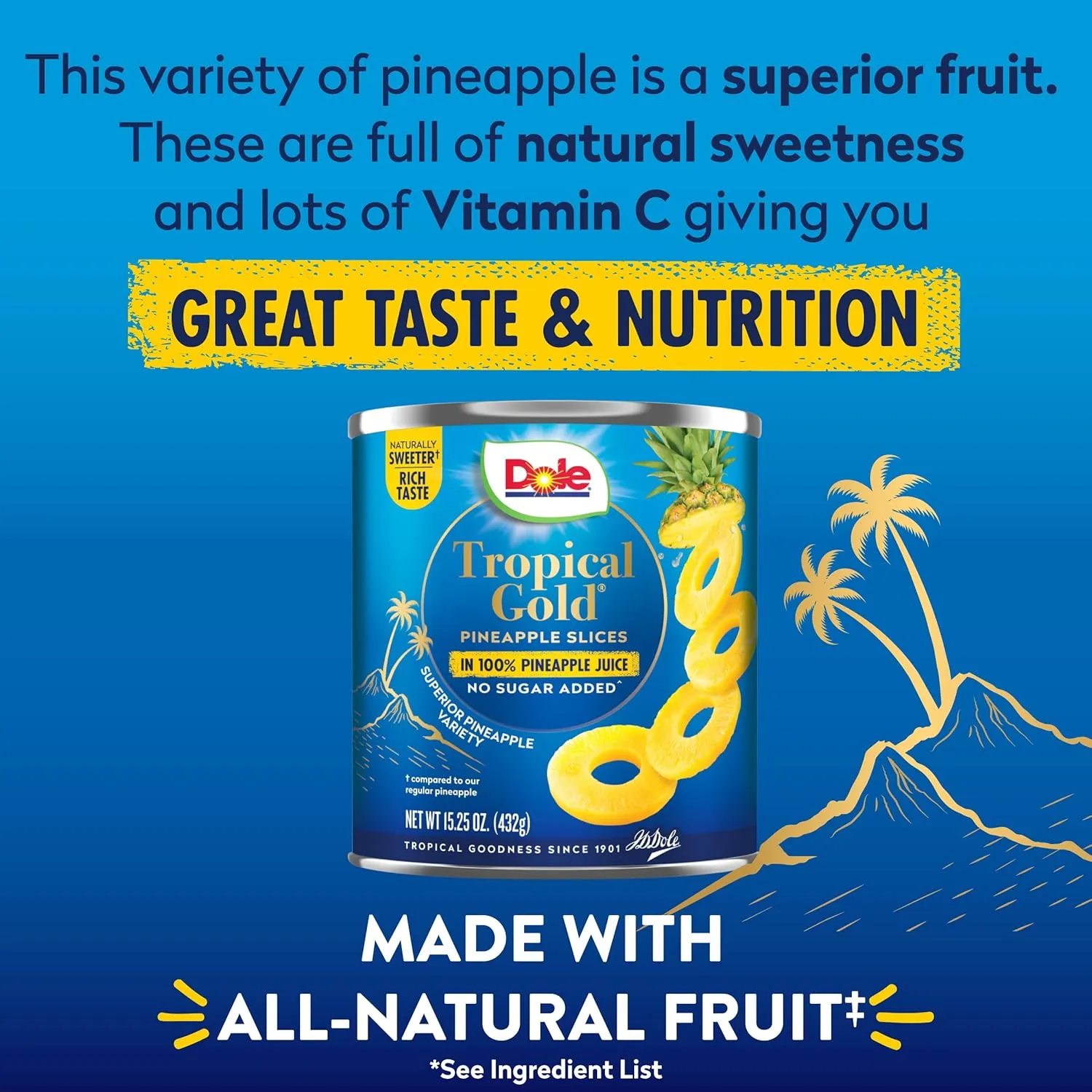 Dole Canned Fruit, Tropical Gold Pineapple Slices in 100% Pineapple Juice, Gluten Free, Pantry Staples, No Sugar Added, 15.25 Oz, 12 Count