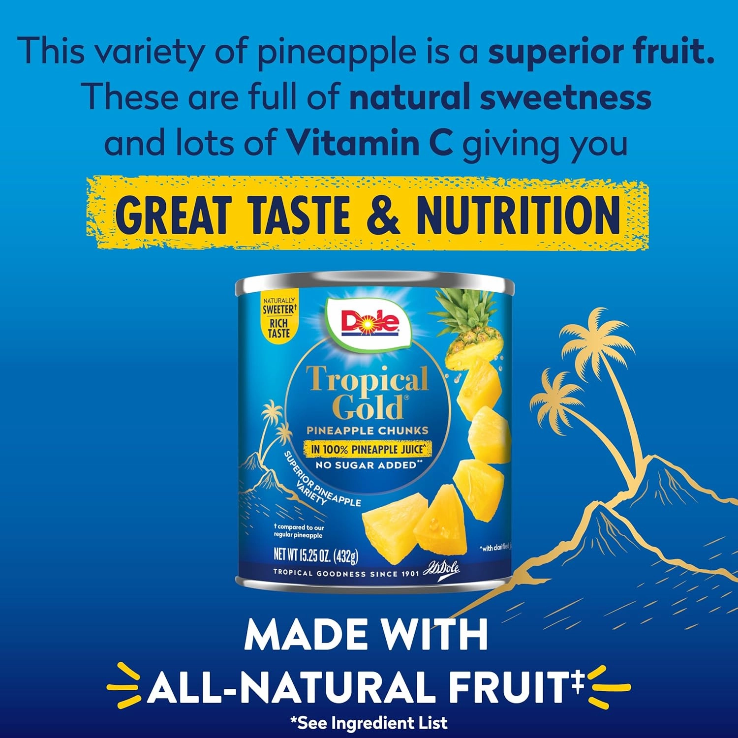 Dole Canned Fruit, Tropical Gold Pineapple Chunks in 100% Pineapple Juice, Gluten Free, Pantry Staples, No Sugar Added, 15.25 Oz, 12 Count