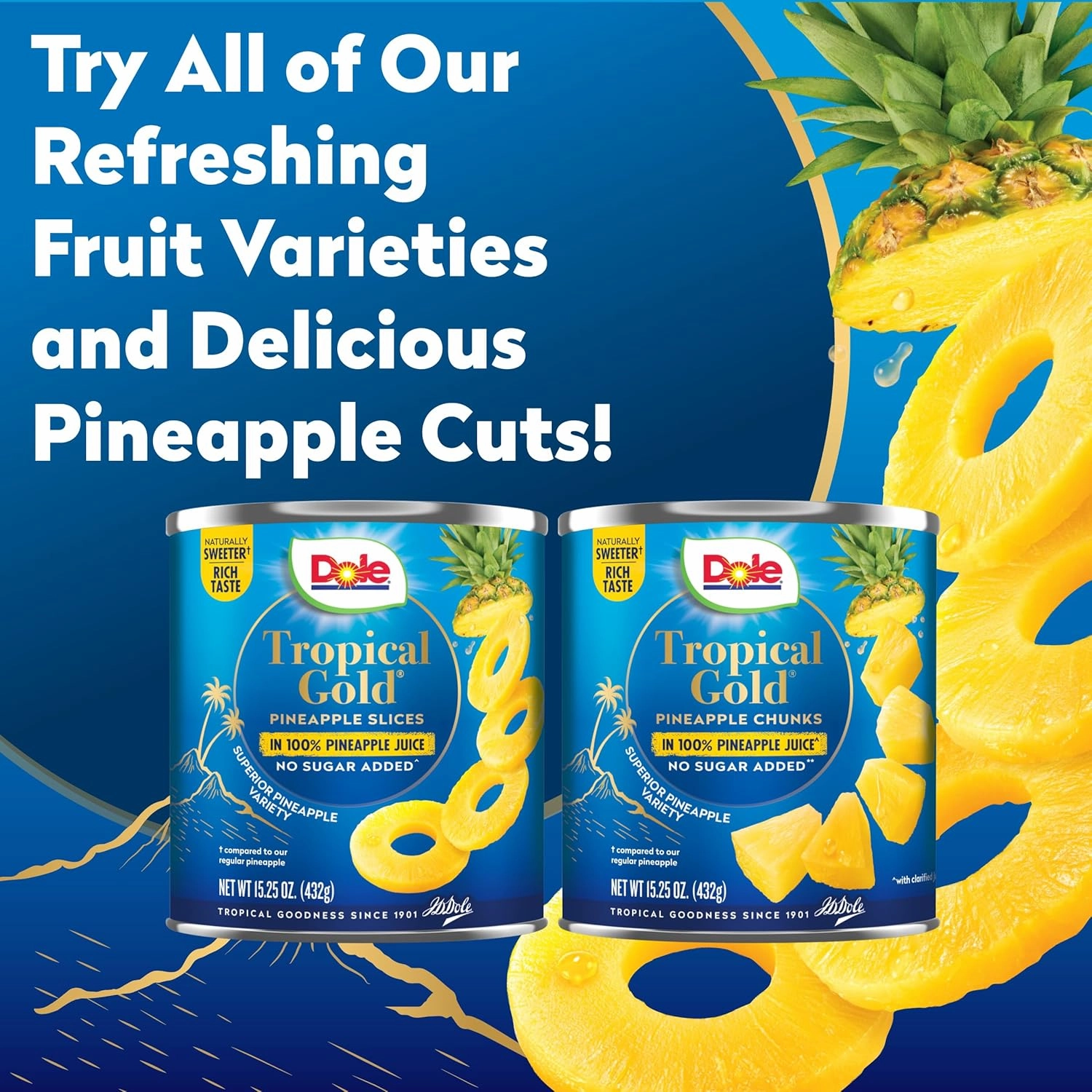Dole Canned Fruit, Tropical Gold Pineapple Chunks in 100% Pineapple Juice, Gluten Free, Pantry Staples, No Sugar Added, 15.25 Oz, 12 Count