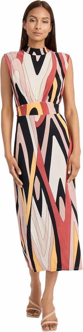 Donna Morgan Sleeveless High Neck Midi Summer Abstract Print, Work Dresses for Women