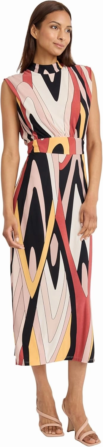 Donna Morgan Sleeveless High Neck Midi Summer Abstract Print, Work Dresses for Women