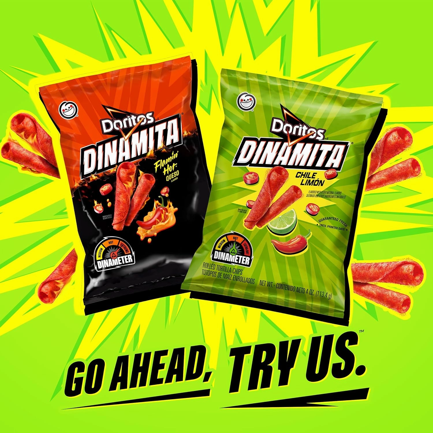Doritos Dinamita Spicy Rolled Tortilla Chips, Chile Limon and Flamin' Hot Queso Flavored Variety Pack, (Pack of 40)
