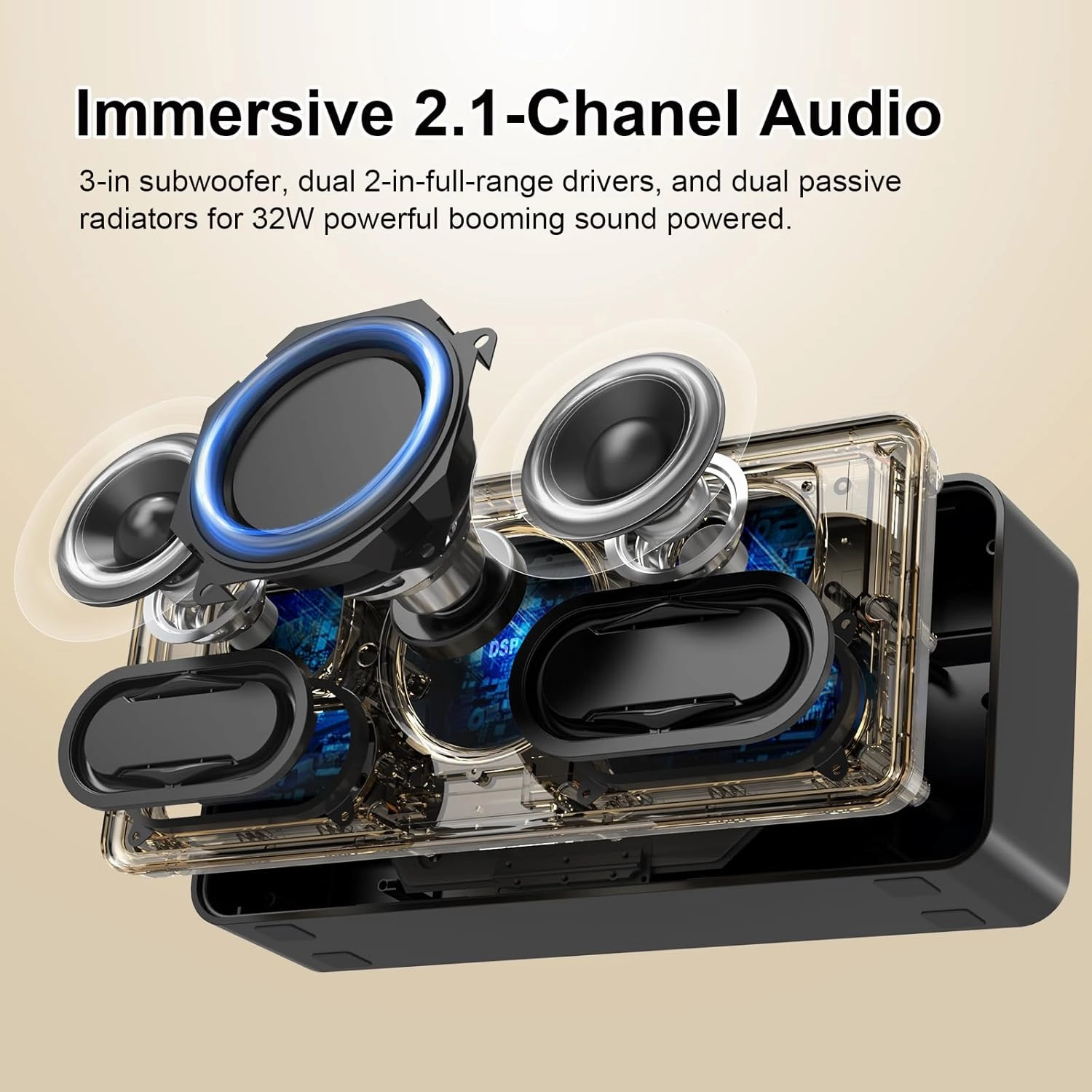 DOSS SoundBox XL Bluetooth Speaker with Subwoofer, 32W Loud Sound with Booming Bass, Dual DSP Technologies, 10H Playtime, USB-C, TWS, 2.1 Audio Channel for Home, Indoor and Office - Gold