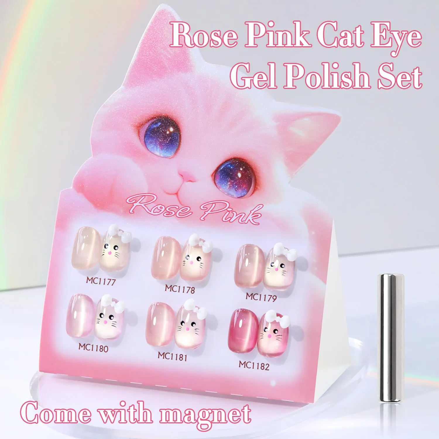 Double Rhythm Cat Eye Gel Nail Polish Set of 6 Same Color Same Bottle 0.5 Oz Shimmer Glitter with Magnet Holographic Reflective Magnetic UV Nail Polish Kit at Home (Glass Nude Pink Rose-T6-32)