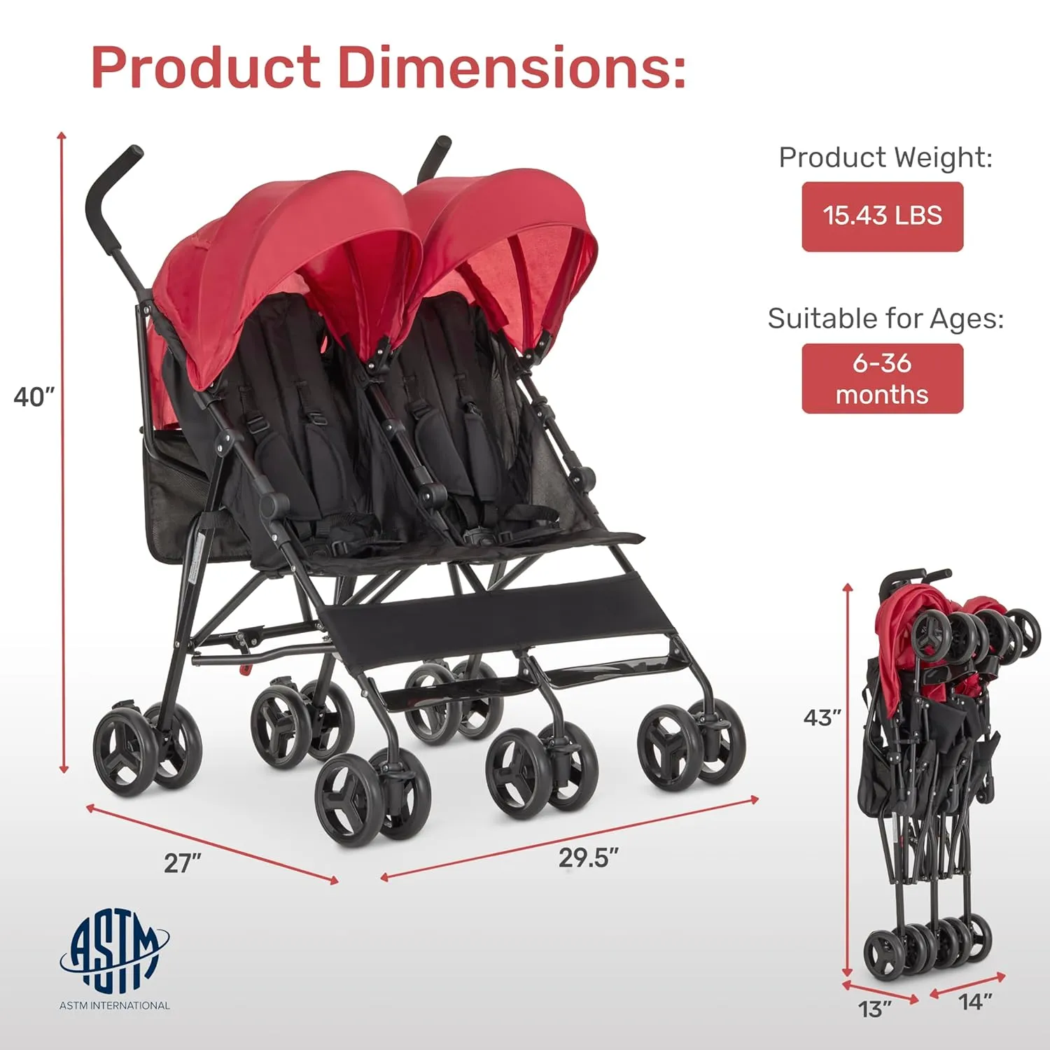 Dream On Me Twin Venture Umbrella Stroller in Red