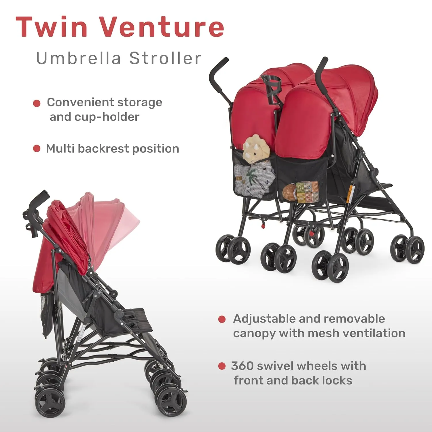 Dream On Me Twin Venture Umbrella Stroller in Red