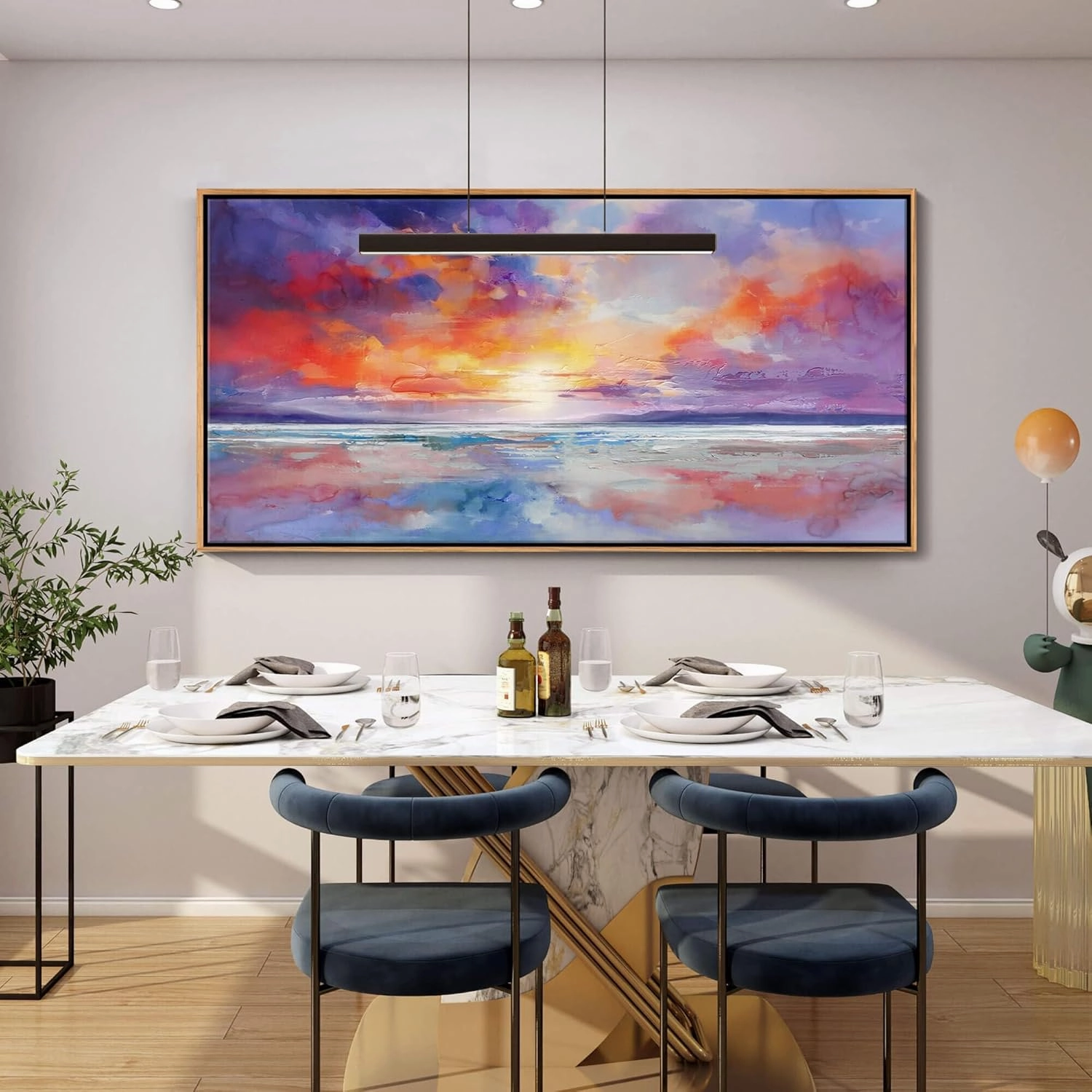 DUNHUANG ART Vibrant Ocean Sunset Canvas Wall Art - Beach Decor & Sunrise Poster - Red Scenery Poster for Living Room & Bathroom - 24"x48"