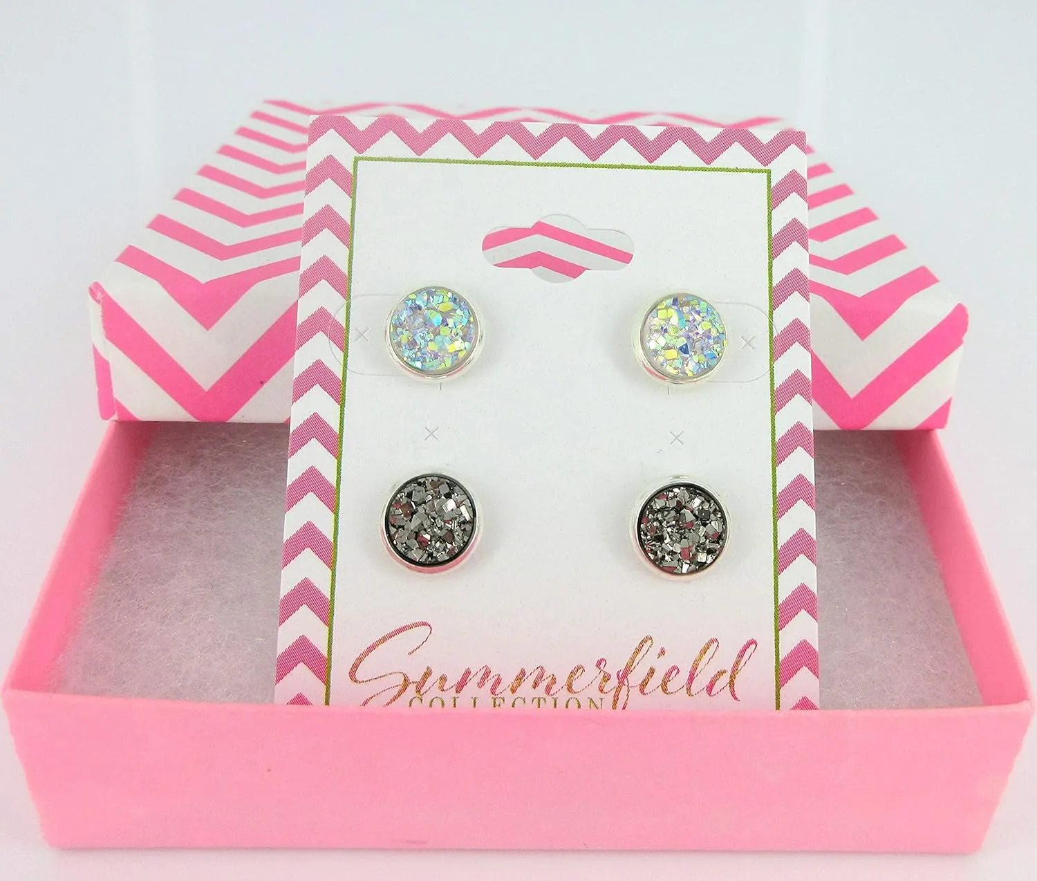 Duo Silver-tone Faux Druzy Stone Stud Earrings 8mm Set (Clear AB/Gunmetal)