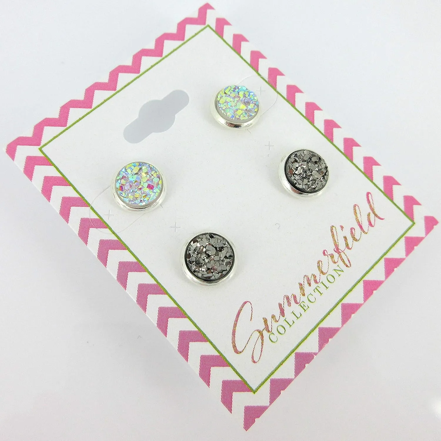 Duo Silver-tone Faux Druzy Stone Stud Earrings 8mm Set (Clear AB/Gunmetal)