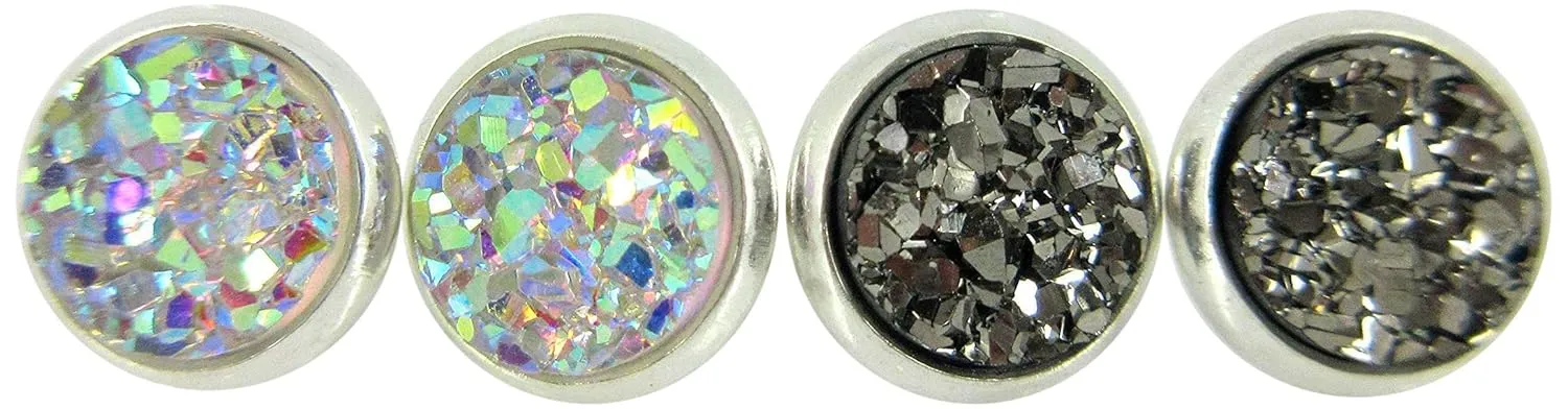 Duo Silver-tone Faux Druzy Stone Stud Earrings 8mm Set (Clear AB/Gunmetal)