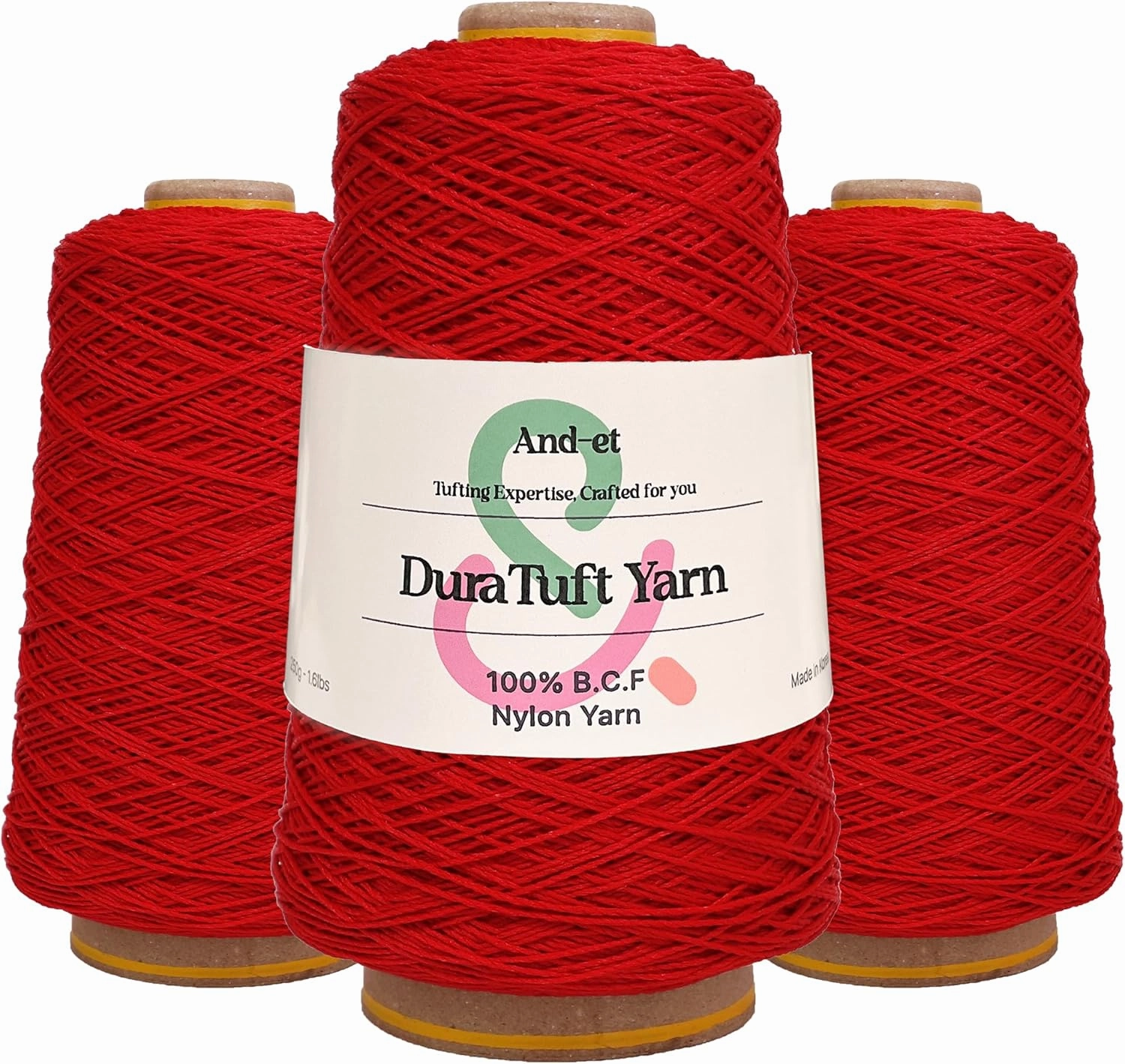 DuraTuft Yarn 45 Vibrant Colors Tufting Nylon Yarn Pack - Ideal for Crochet, Craft Projects -100% B.C.F. - 3 Cones x 1.66lbs -180yards -Perfect for Rug Weaving and Knitting (06 Red)