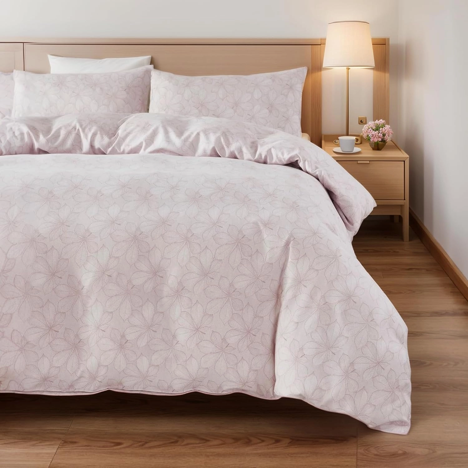 Duvet Covers Queen, 3 Pieces, Pink Flower Leaf Duvet Cover Set, Tropical Duvet Cover Botanical Tropical Farmhouse Pink Floral Bedding,2 Pillowcase 20" x 30", 1 Comforter Cover 90" x 90"