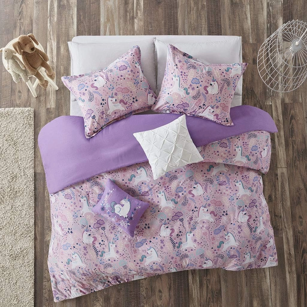 Duvet Set Vibrant Fun and Playful Print All Season Comforter Cover Matching Shams, Decorative Pillow, Children Bedding, Bedroom Décor, Twin/Twin XL, Unicorn Pink 4 Piece