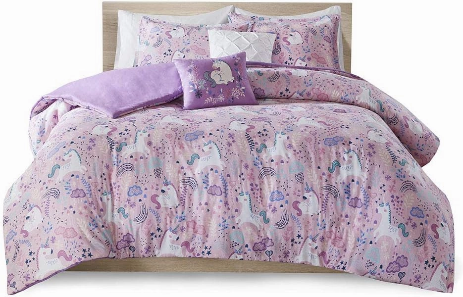 Duvet Set Vibrant Fun and Playful Print All Season Comforter Cover Matching Shams, Decorative Pillow, Children Bedding, Bedroom Décor, Twin/Twin XL, Unicorn Pink 4 Piece