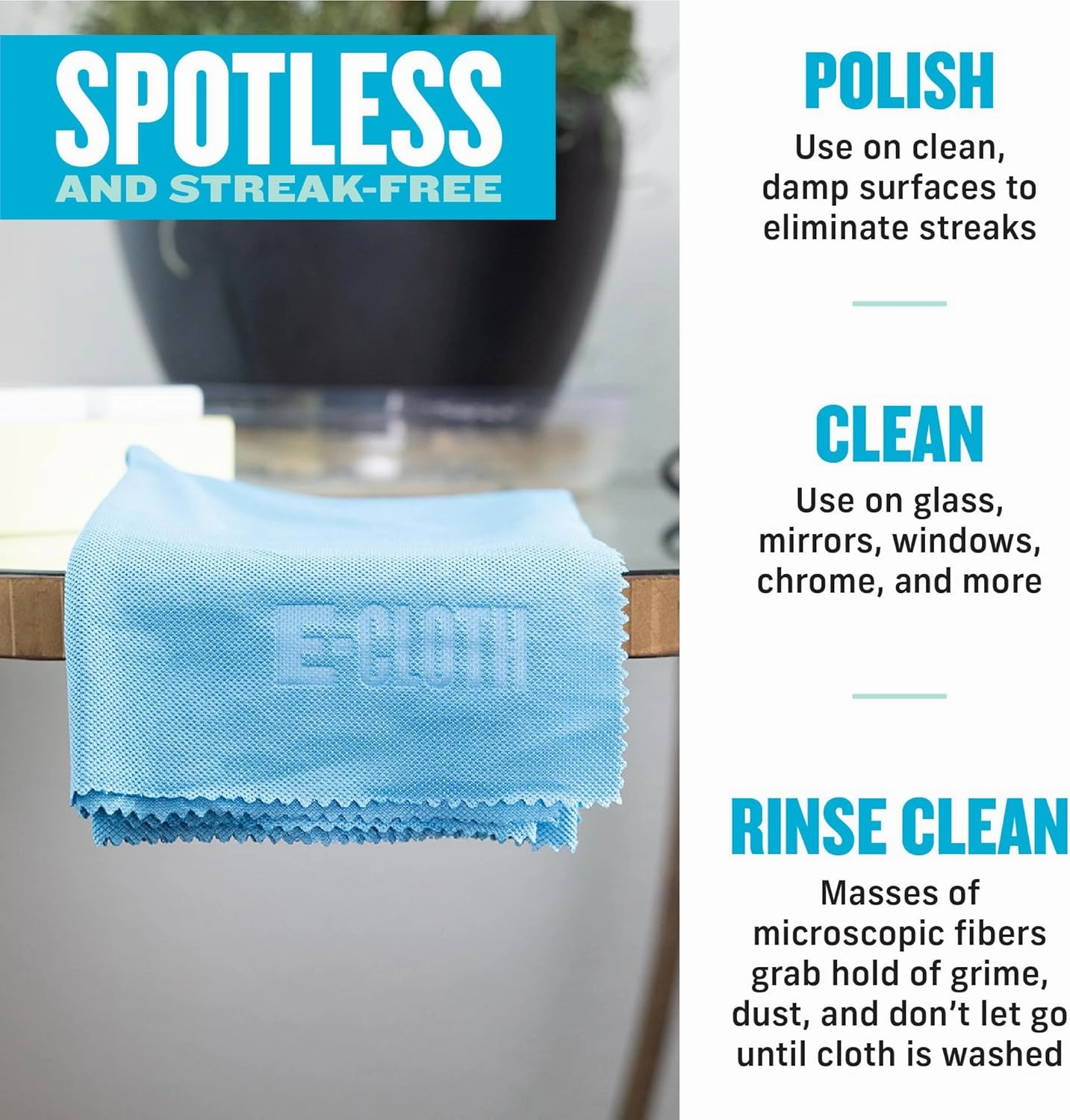 E-Cloth Polishing Microfiber Cleaning Cloth - Glass and Window Polishing Towel - Cleaning Towels for Cars, Windows, & More - 4-Pack
